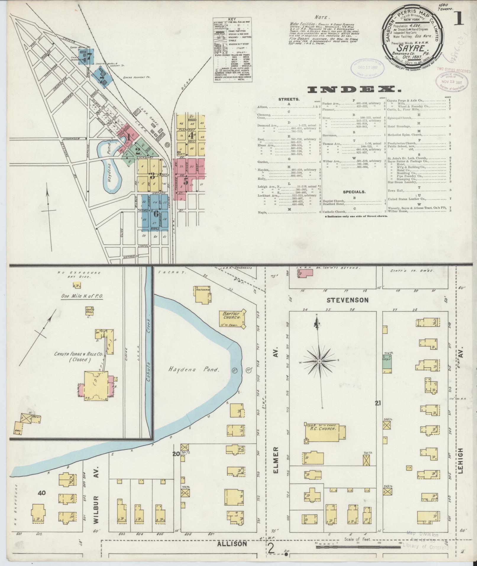 Sanborn Fire Insurance Map from Sayre, Bradford County, Pennsylvania (1897), Sheet #0001 - Complete Map Set gallery image, historic Sanborn map, vintage wall art, Pennsylvania Pennsylvania
