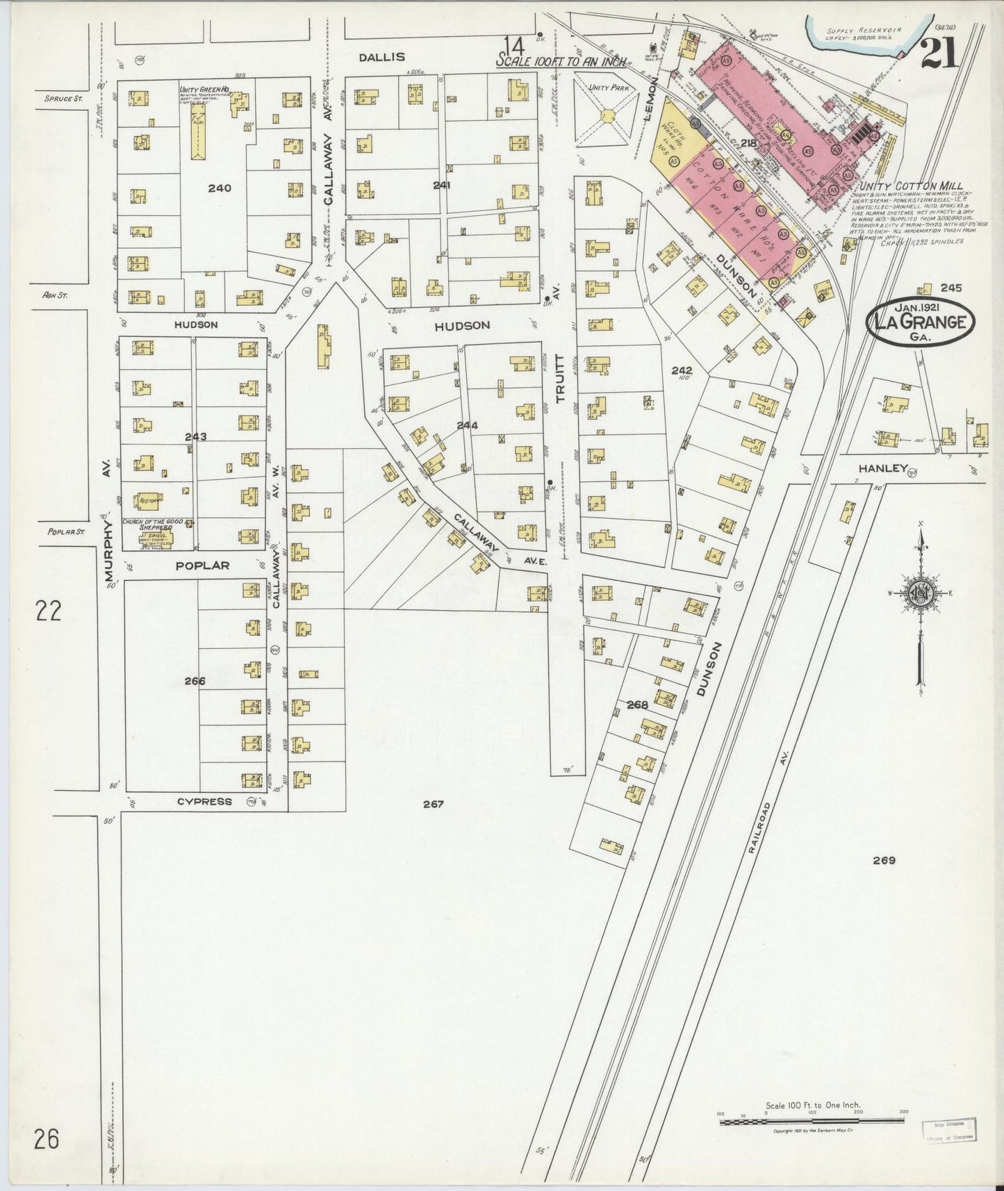 Sanborn Fire Insurance Map from La Grange, Troup County, Georgia (1921), Sheet #0021 - Historic Sanborn Fire Insurance Map Print, vintage old map wall art, antique decor, genealogy gift, Georgia Georgia map
