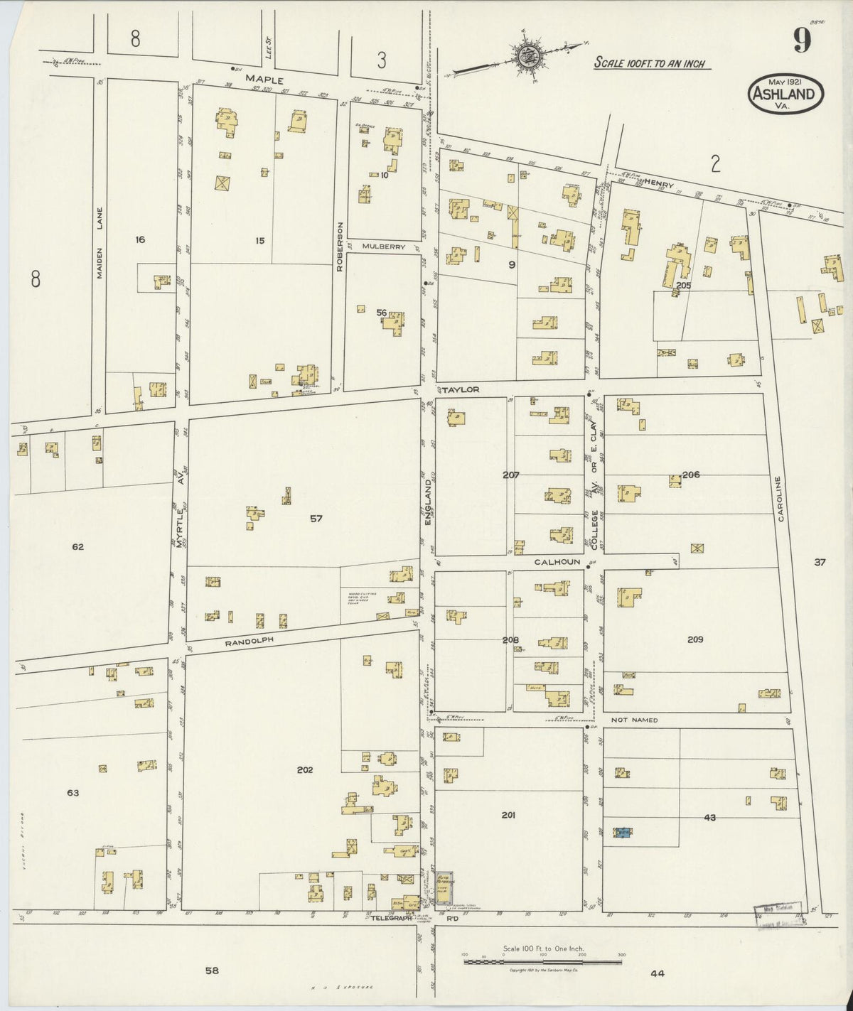 Sanborn Fire Insurance Map from Ashland, Hanover County, Virginia (1921), Sheet #0009 - Complete Map Set gallery image, historic Sanborn map, vintage wall art, Virginia Virginia