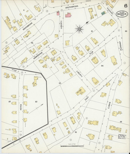 Sanborn Fire Insurance Map from Warren, Worcester County, Massachusetts (1902), Sheet #0006 - Historic Sanborn Fire Insurance Map Print, vintage old map wall art, antique decor, genealogy gift, Massachusetts Massachusetts map