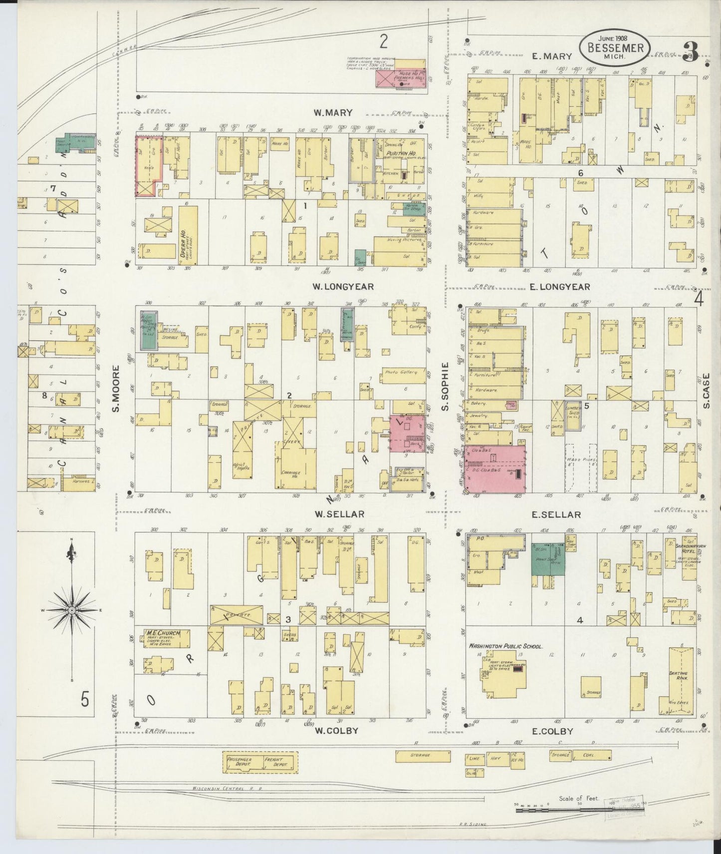 Sanborn Fire Insurance Map from Bessemer, Gogebic County, Michigan (1908), Sheet #0003 - Complete Map Set gallery image, historic Sanborn map, vintage wall art, Michigan Michigan