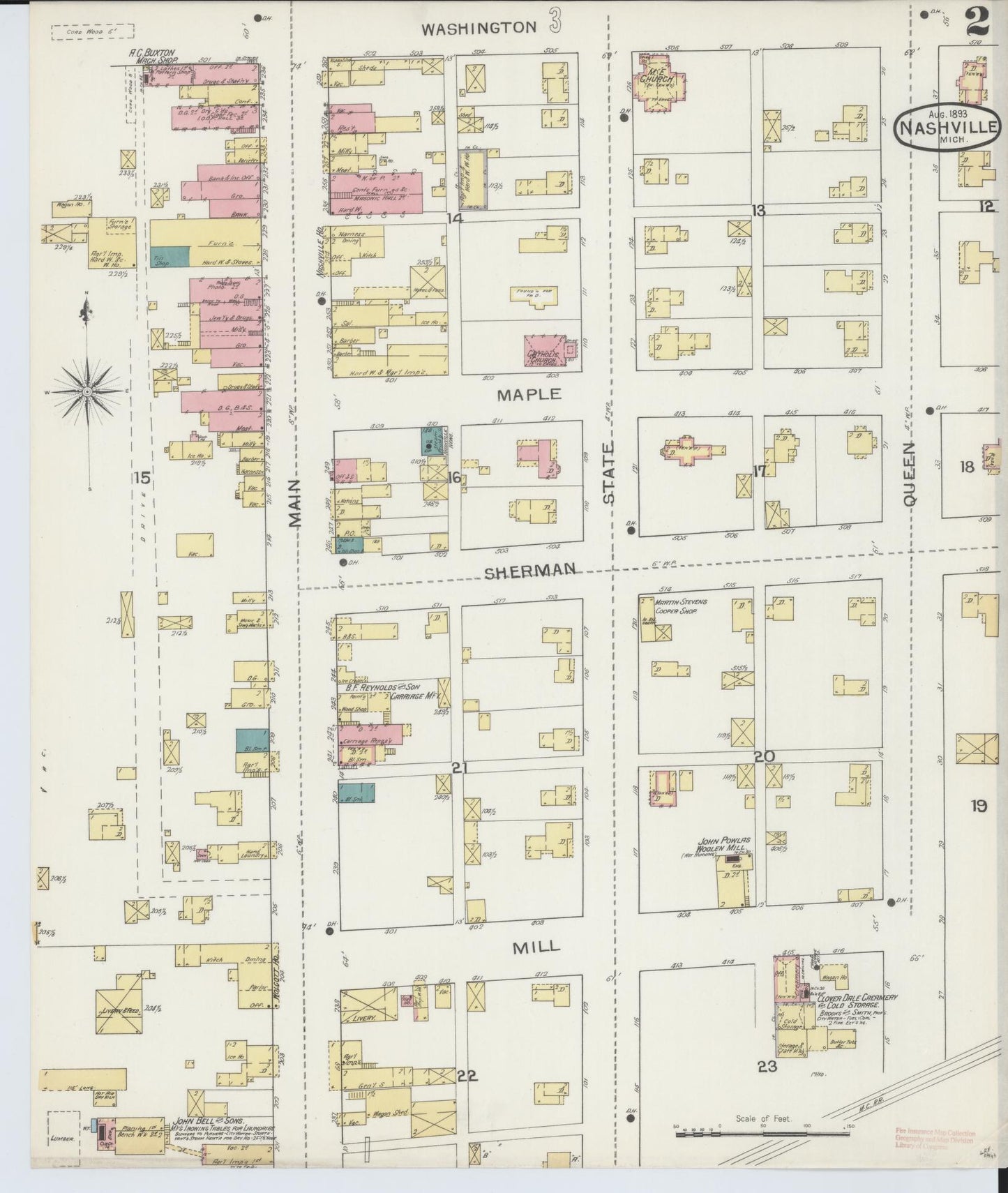 Sanborn Fire Insurance Map from Nashville, Barry County, Michigan (1893), Sheet #0002 - Complete Map Set gallery image, historic Sanborn map, vintage wall art, Michigan Michigan