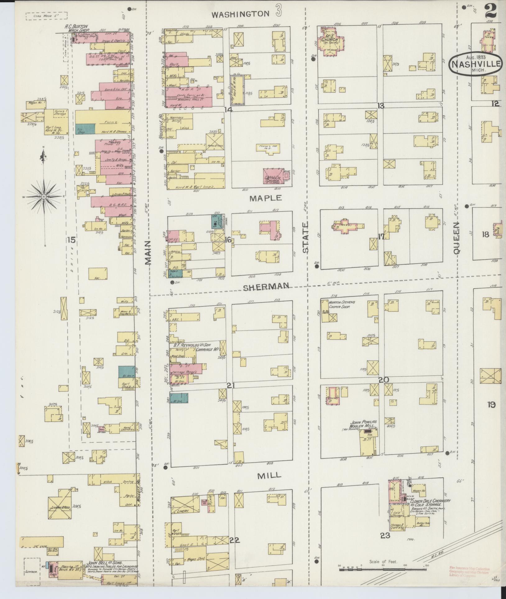 Sanborn Fire Insurance Map from Nashville, Barry County, Michigan (1893), Sheet #0002 - Complete Map Set gallery image, historic Sanborn map, vintage wall art, Michigan Michigan