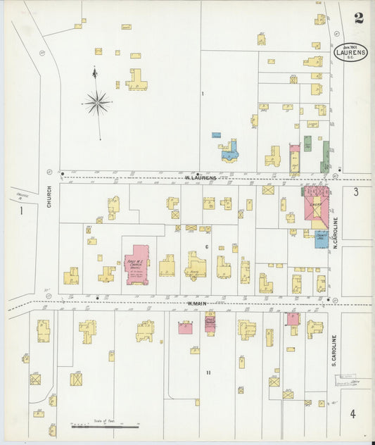 Sanborn Fire Insurance Map from Laurens, Laurens County, South Carolina (1901), Sheet #0002 - Historic Sanborn Fire Insurance Map Print, vintage old map wall art, antique decor, genealogy gift, South Carolina South Carolina map