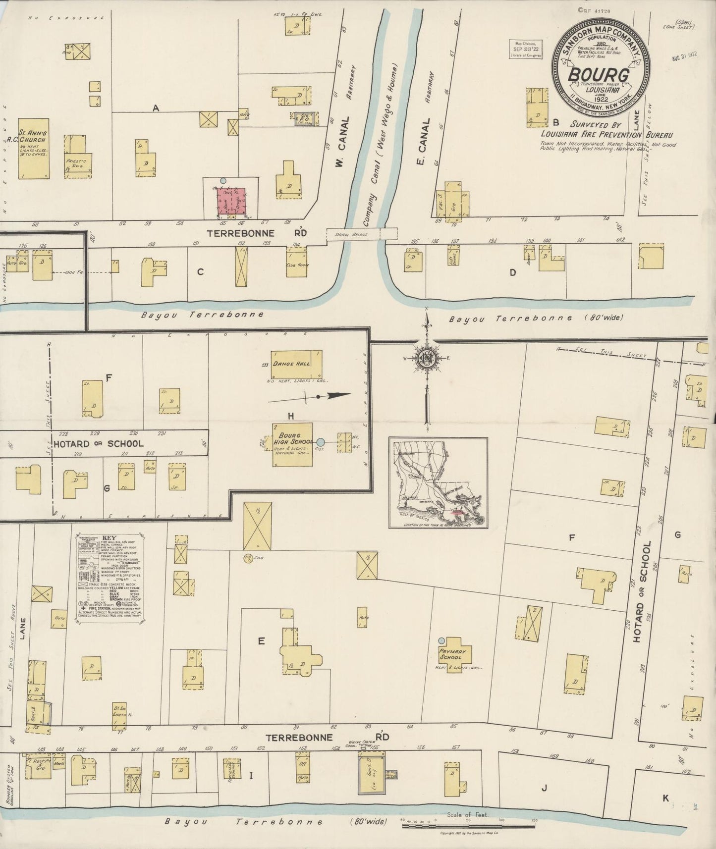 Sanborn Fire Insurance Map from Bourg, Terrebonne Parish, Louisiana (1922), Sheet #0001 - Historic Sanborn Fire Insurance Map Print, vintage old map wall art, antique decor, genealogy gift, Louisiana Louisiana map