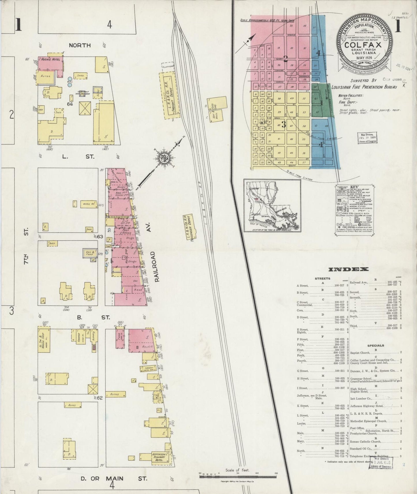 Sanborn Fire Insurance Map from Colfax, Grant Parish, Louisiana (1924), Sheet #0001 - Complete Map Set gallery image, historic Sanborn map, vintage wall art, Louisiana Louisiana