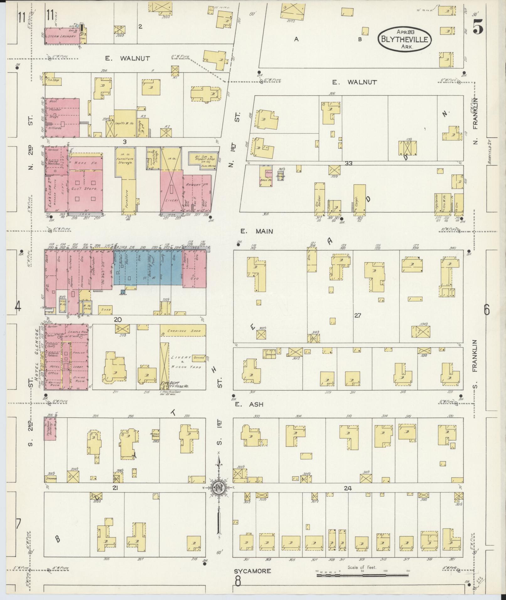Sanborn Fire Insurance Map from Blytheville, Mississippi County, Arkansas (1913), Sheet #0005 - Historic Sanborn Fire Insurance Map Print, vintage old map wall art, antique decor, genealogy gift, Blytheville Mississippi map