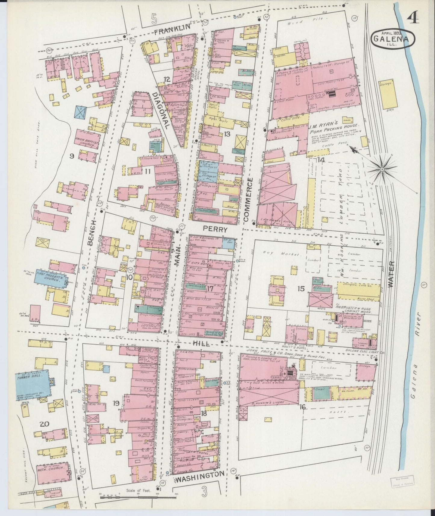 Sanborn Fire Insurance Map from Galena, Jo Daviess County, Illinois (1893), Sheet #0004 - Historic Sanborn Fire Insurance Map Print, vintage old map wall art, antique decor, genealogy gift, Illinois Illinois map