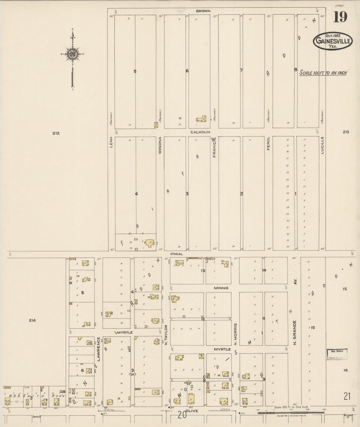 Sanborn Fire Insurance Map from Gainesville, Cooke County, Texas (1922), Sheet #0019 - Complete Map Set gallery image, historic Sanborn map, vintage wall art, Texas Texas