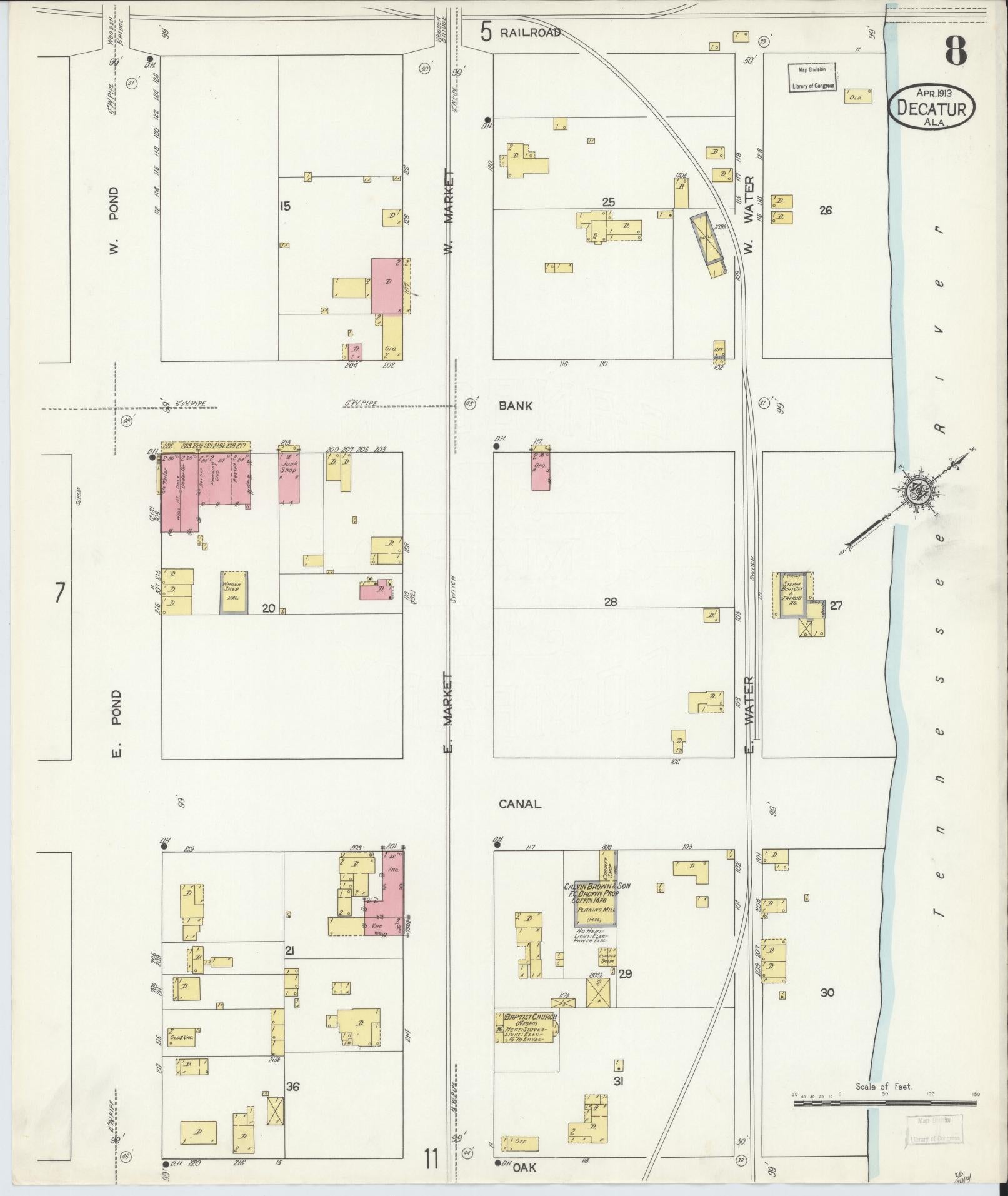 Sanborn Fire Insurance Map from Decatur, Morgan County, Alabama (1913), Sheet #0008 - Historic Sanborn Fire Insurance Map Print, vintage old map wall art, antique decor, genealogy gift, Alabama Alabama map