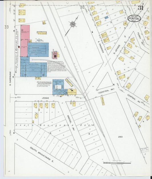 Sanborn Fire Insurance Map from Pontiac, Oakland County, Michigan (1919), Sheet #0031 - Historic Sanborn Fire Insurance Map Print, vintage old map wall art, antique decor, genealogy gift, Michigan Michigan map