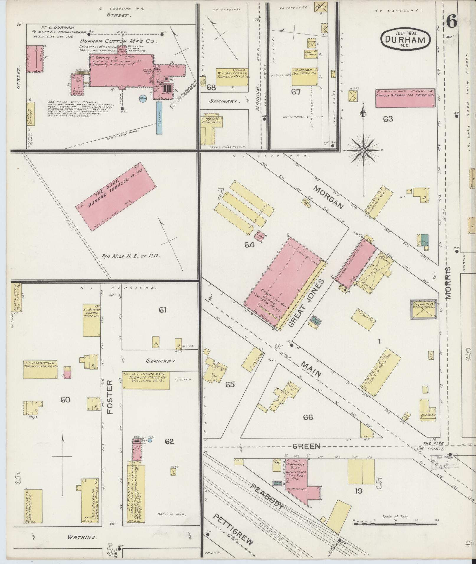 Sanborn Fire Insurance Map from Durham, Durham County, North Carolina (1893), Sheet #0006 - Complete Map Set gallery image, historic Sanborn map, vintage wall art, North Carolina North Carolina