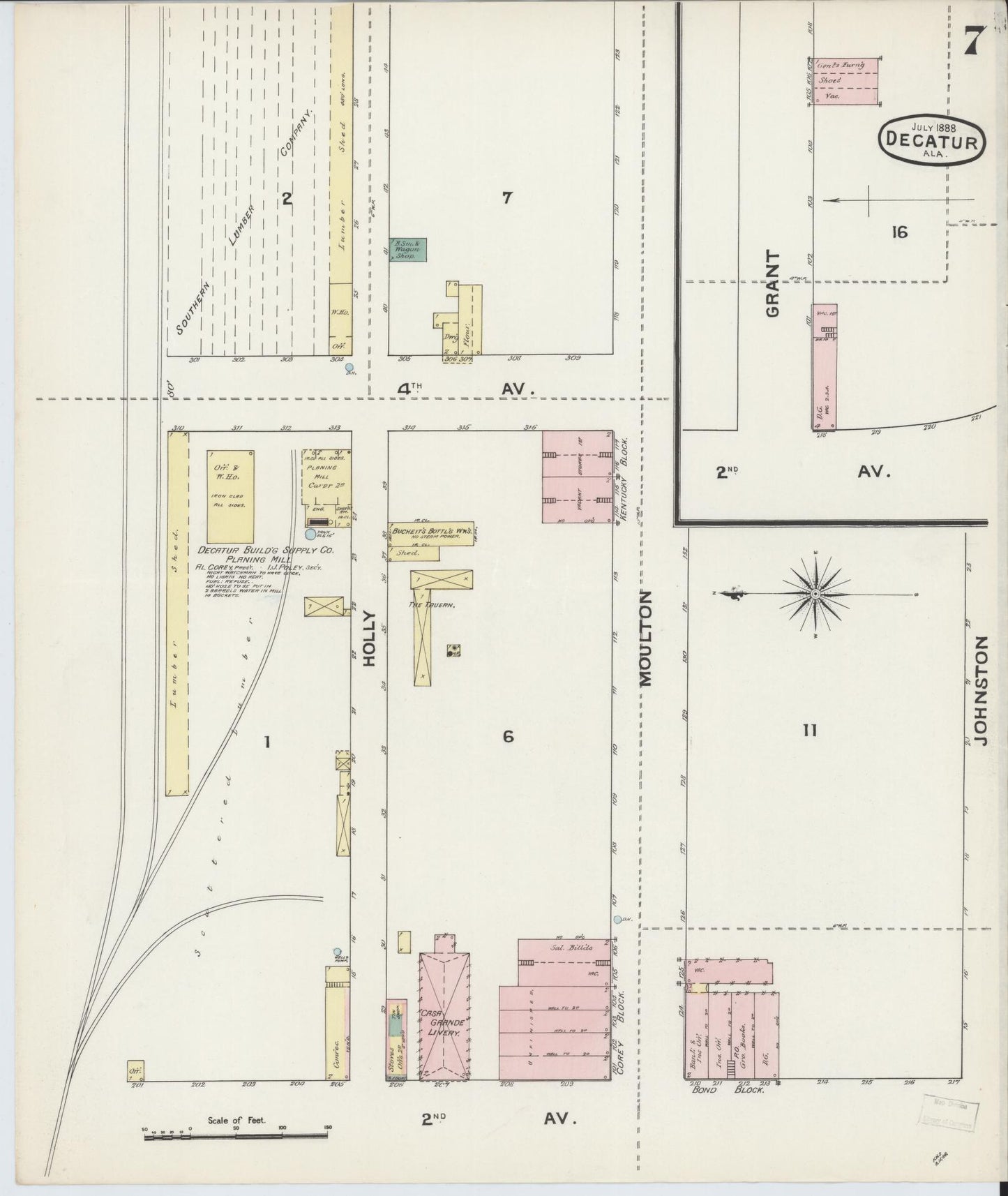 Sanborn Fire Insurance Map from Decatur, Morgan County, Alabama (1888), Sheet #0007 - Complete Map Set gallery image, historic Sanborn map, vintage wall art, Alabama Alabama