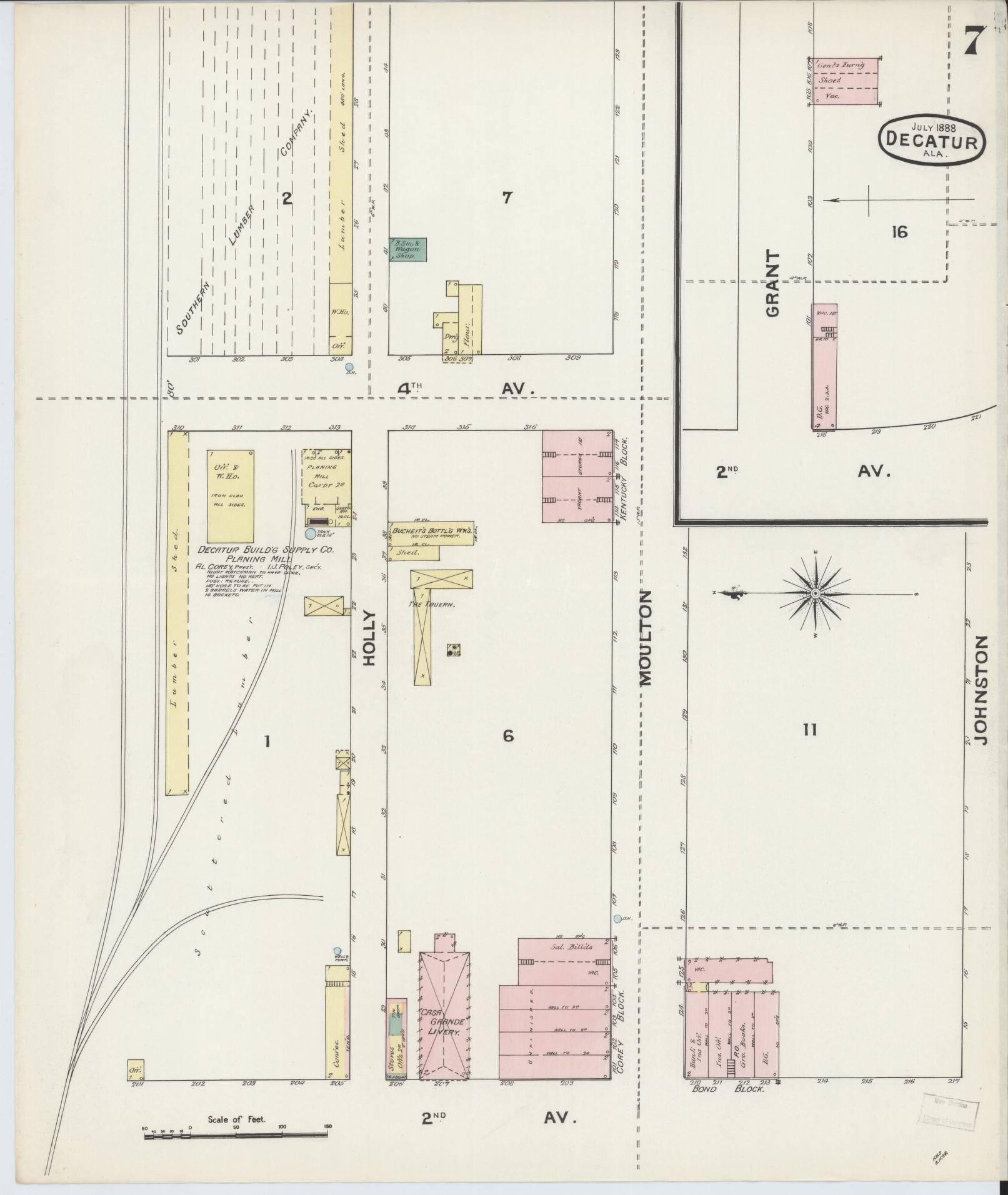 Sanborn Fire Insurance Map from Decatur, Morgan County, Alabama (1888), Sheet #0007 - Complete Map Set gallery image, historic Sanborn map, vintage wall art, Alabama Alabama