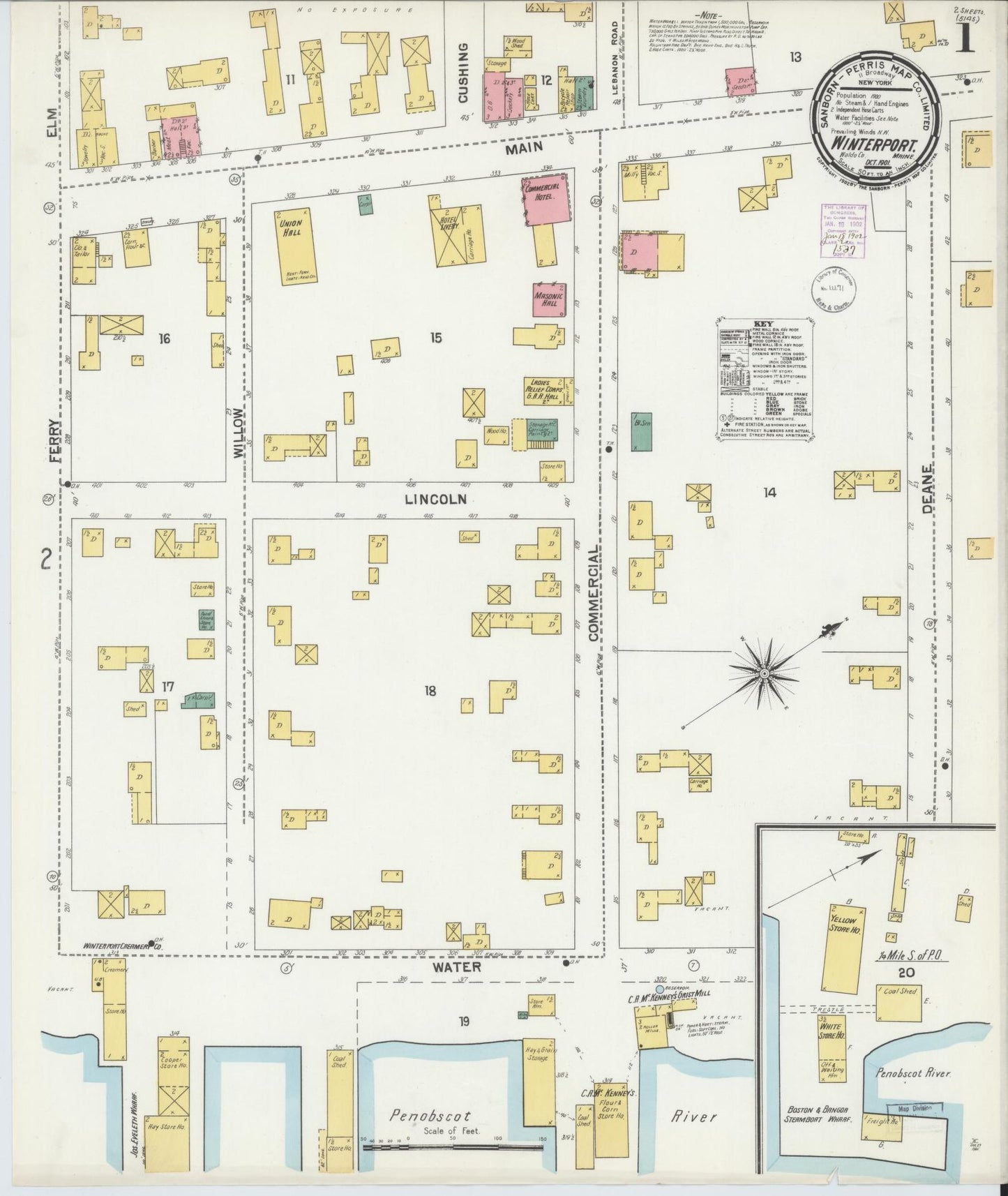 Sanborn Fire Insurance Map from Winterport, Waldo County, Maine (1901), Sheet #0001 - Historic Sanborn Fire Insurance Map Print, vintage old map wall art, antique decor, genealogy gift, Maine Maine map