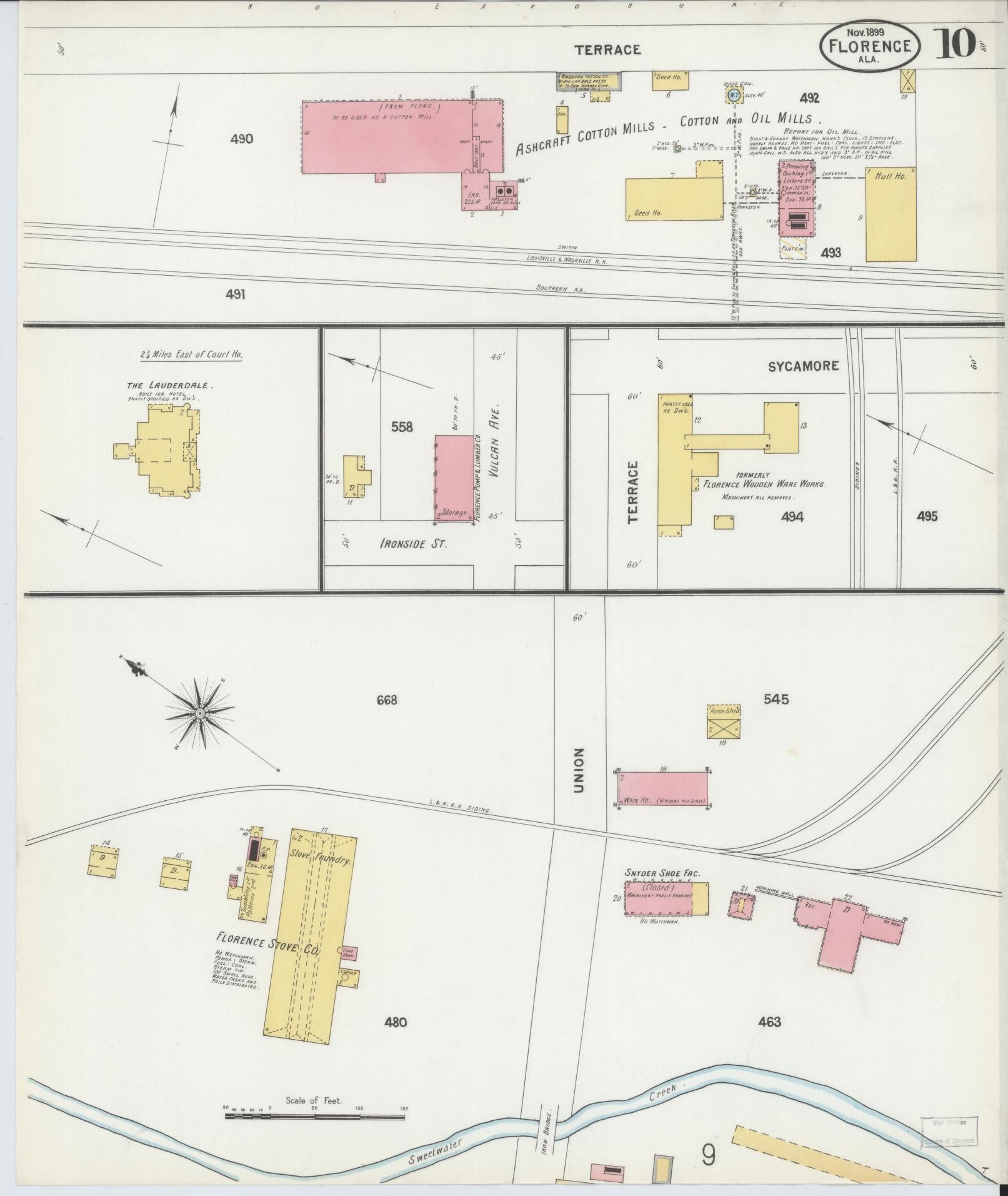 Sanborn Fire Insurance Map from Florence, Lauderdale County, Alabama (1899), Sheet #0010 - Historic Sanborn Fire Insurance Map Print, vintage old map wall art, antique decor, genealogy gift, Alabama Alabama map