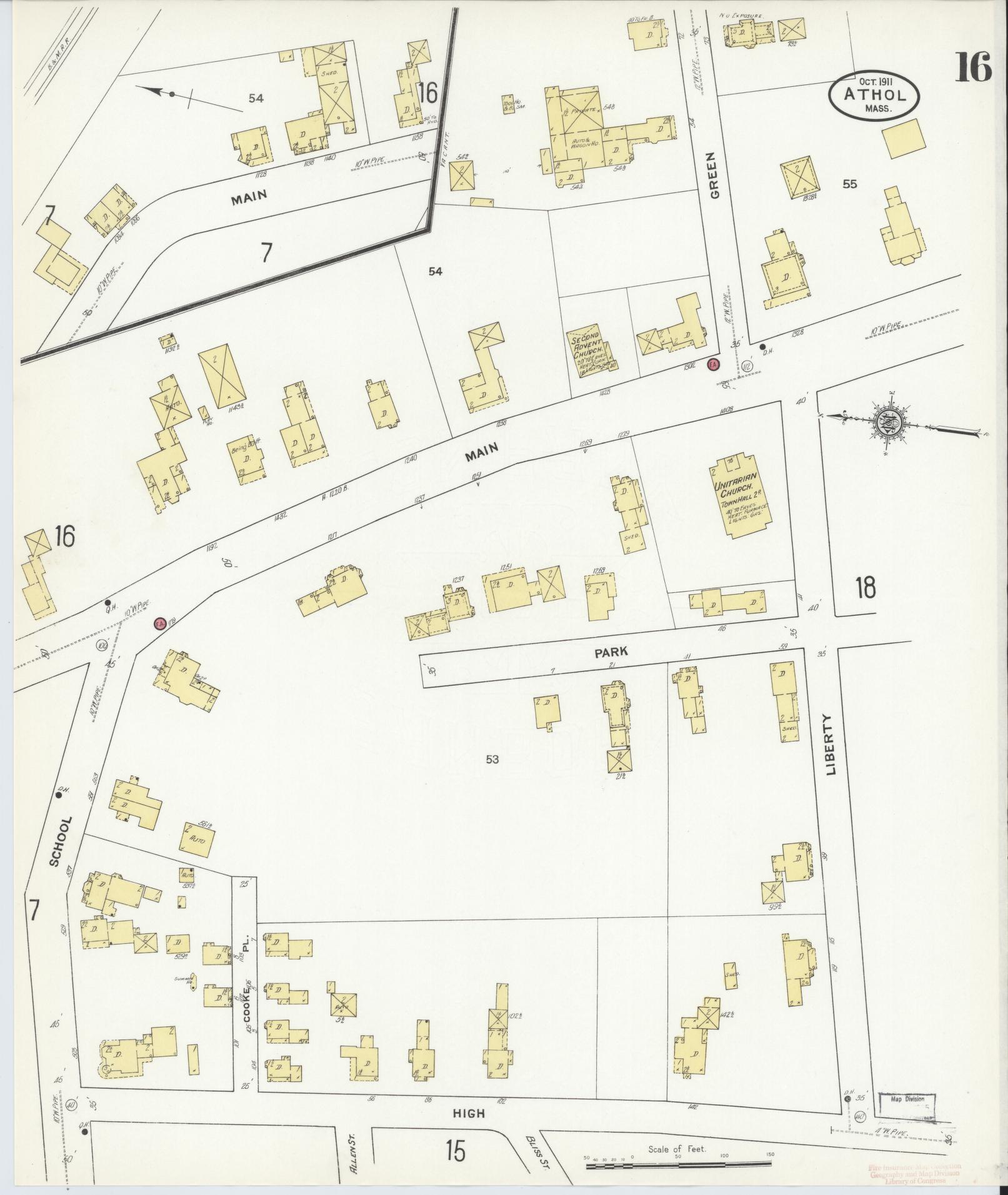 Sanborn Fire Insurance Map from Athol, Worcester County, Massachusetts (1911), Sheet #0016 - Complete Map Set gallery image, historic Sanborn map, vintage wall art, Massachusetts Massachusetts