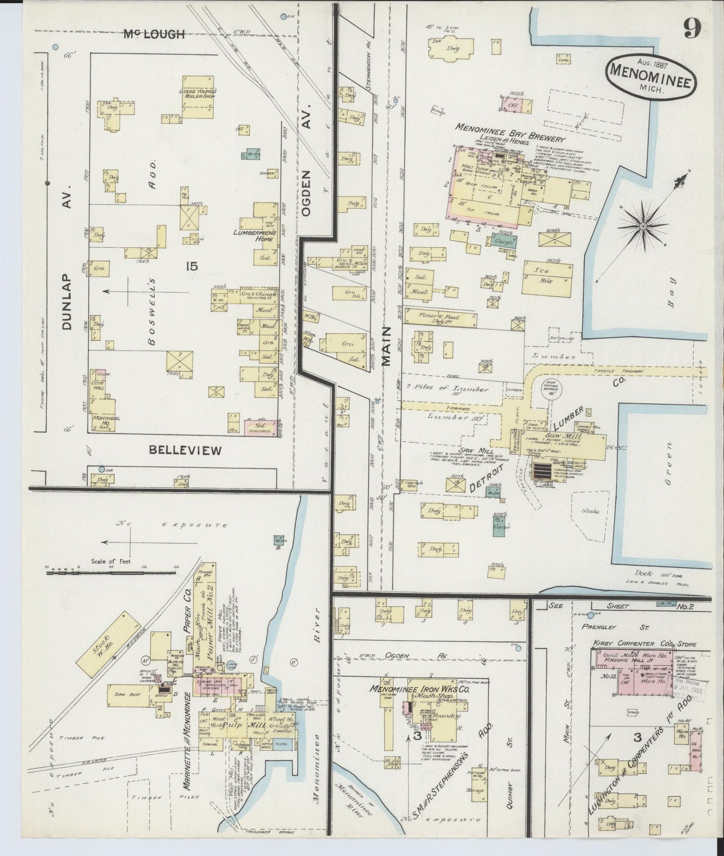 Sanborn Fire Insurance Map from Menominee, Menominee County, Michigan (1887), Sheet #0009 - Historic Sanborn Fire Insurance Map Print, vintage old map wall art, antique decor, genealogy gift, Michigan Michigan map
