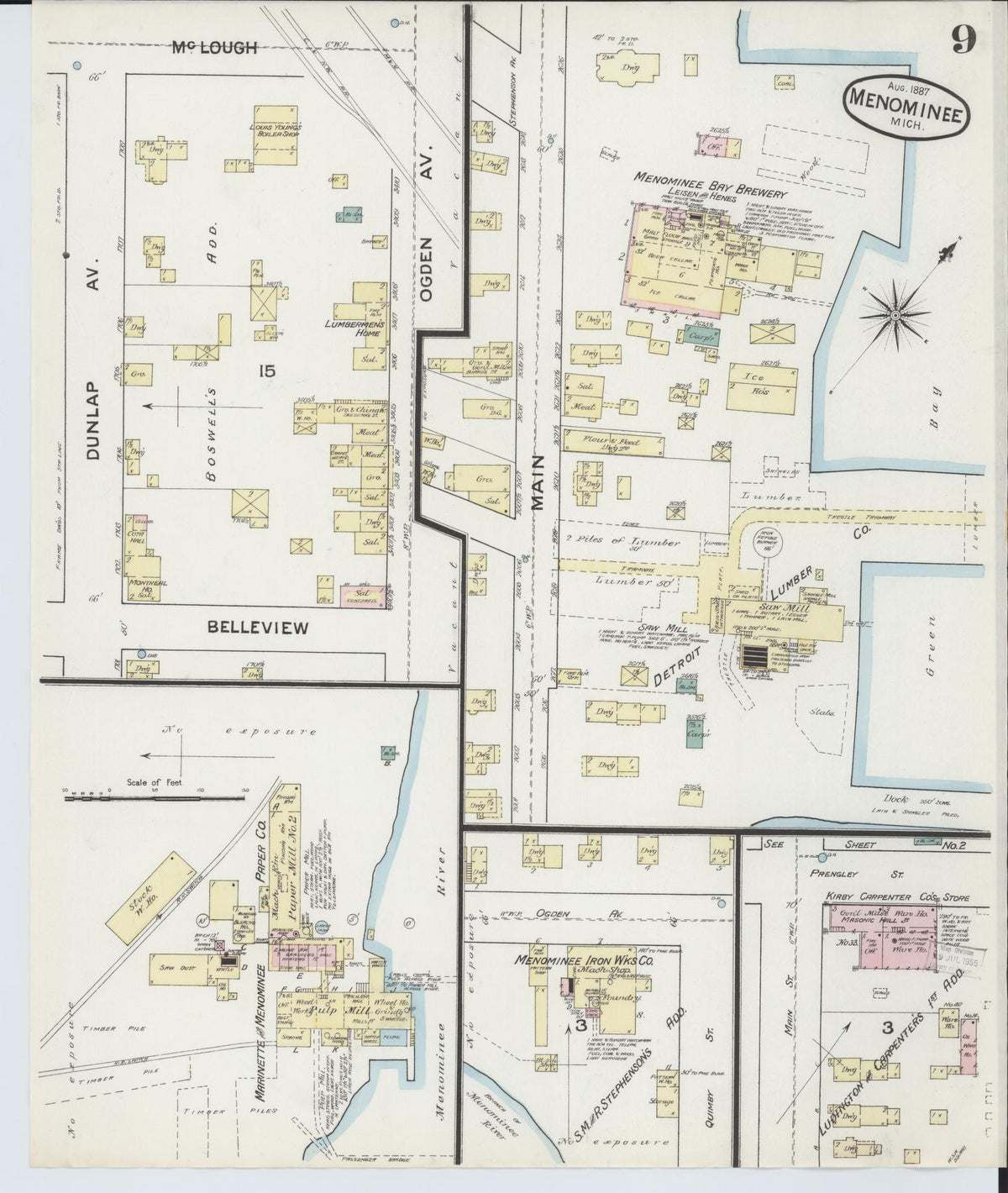 Sanborn Fire Insurance Map from Menominee, Menominee County, Michigan (1887), Sheet #0009 - Historic Sanborn Fire Insurance Map Print, vintage old map wall art, antique decor, genealogy gift, Michigan Michigan map