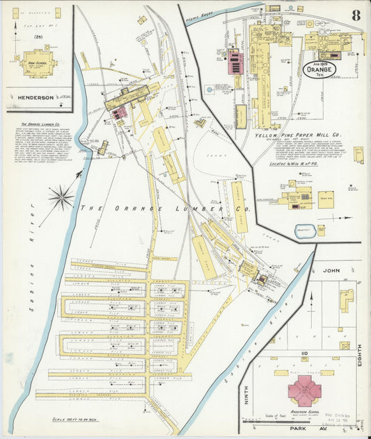 Sanborn Fire Insurance Map from Orange, Orange County, Texas (1909), Sheet #0008 - Historic Sanborn Fire Insurance Map Print, vintage old map wall art, antique decor, genealogy gift, Texas Texas map