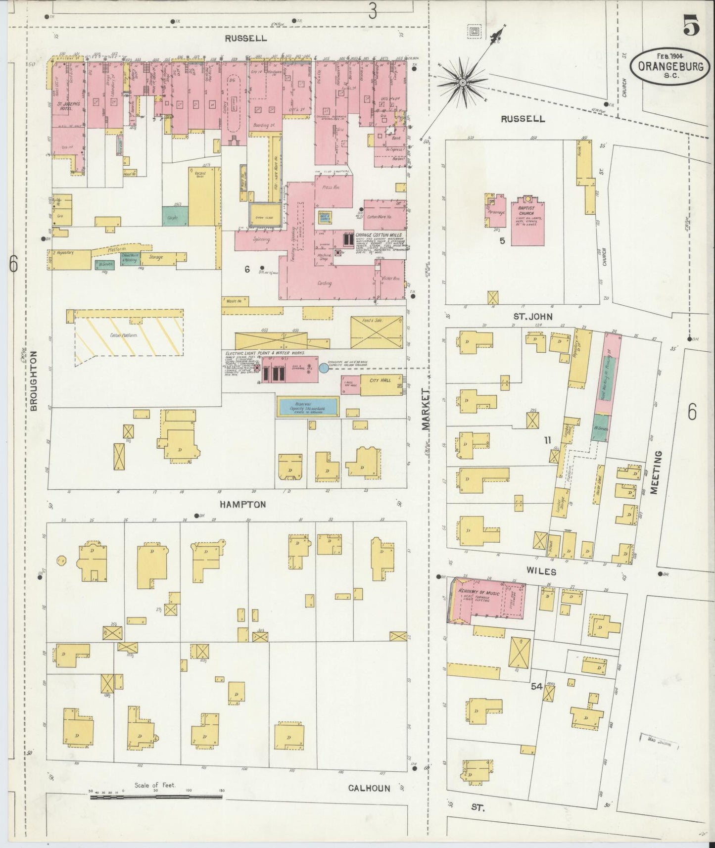 Sanborn Fire Insurance Map from Orangeburg, Orangeburg County, South Carolina (1904), Sheet #0005 - Complete Map Set gallery image, historic Sanborn map, vintage wall art, South Carolina South Carolina