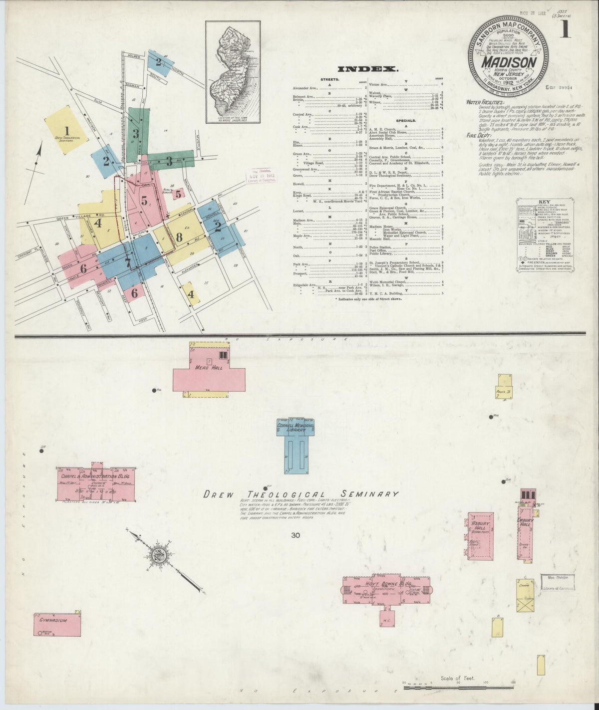 Sanborn Fire Insurance Map from Madison, Morris County, New Jersey (1912), Sheet #0001 - Historic Sanborn Fire Insurance Map Print, vintage old map wall art, antique decor, genealogy gift, New Jersey New Jersey map