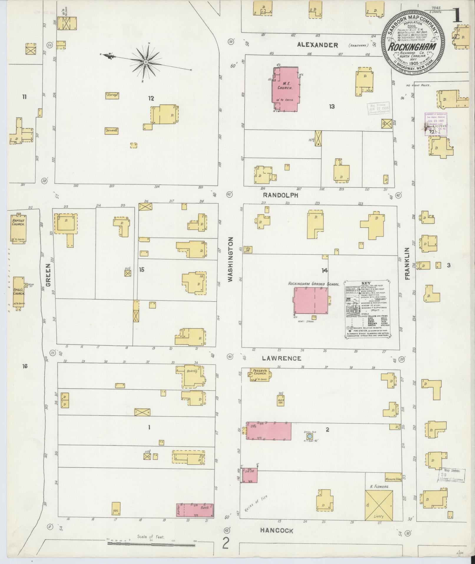 Sanborn Fire Insurance Map from Rockingham, Richmond County, North Carolina (1905), Sheet #0001 - Historic Sanborn Fire Insurance Map Print, vintage old map wall art, antique decor, genealogy gift, North Carolina North Carolina map