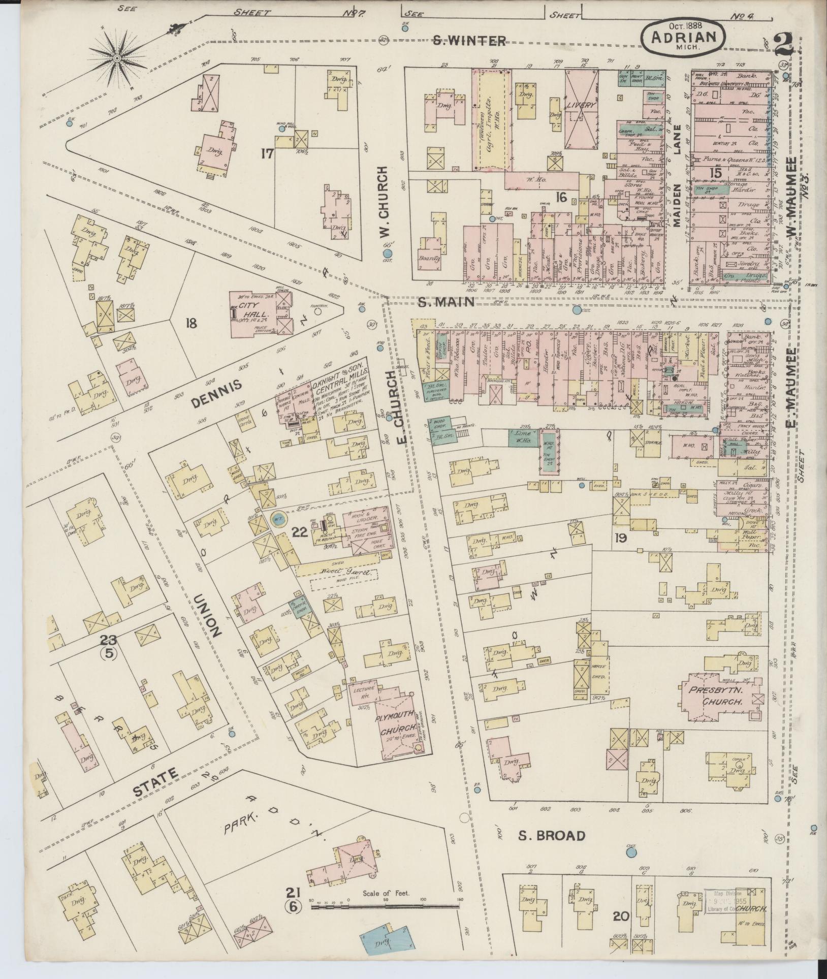 Sanborn Fire Insurance Map from Adrian, Lenawee County, Michigan (1888), Sheet #0002 - Complete Map Set gallery image, historic Sanborn map, vintage wall art, Michigan Michigan