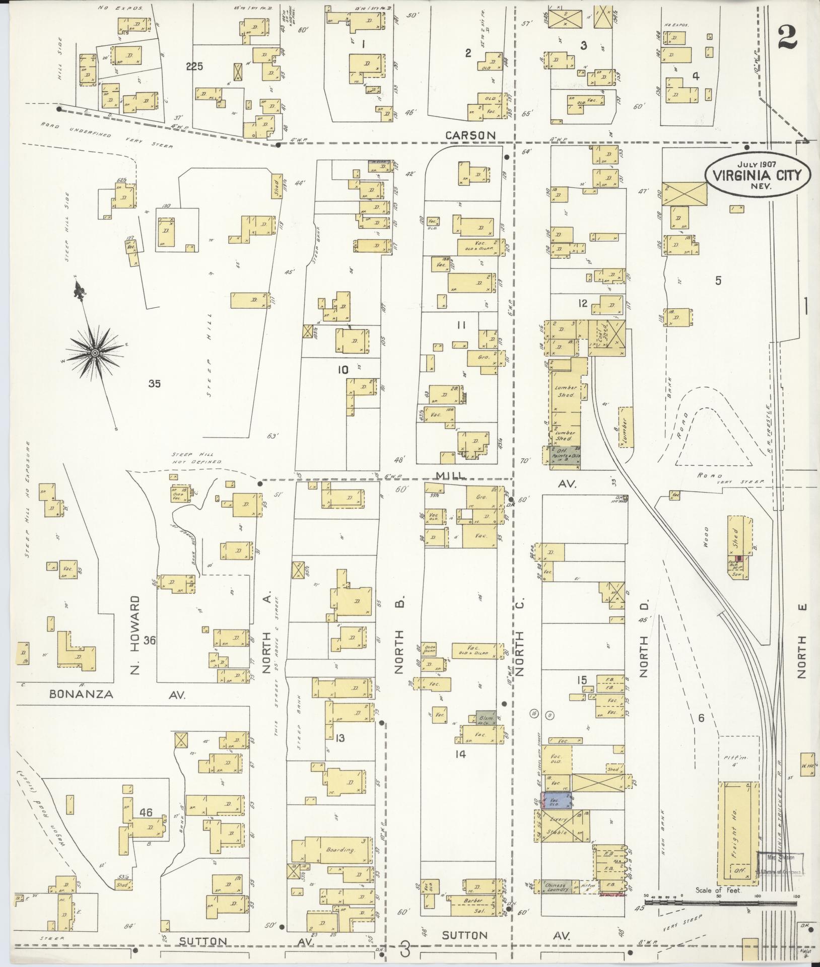 Sanborn Fire Insurance Map from Virginia City, Storey County, Nevada (1907), Sheet #0002 - Complete Map Set gallery image, historic Sanborn map, vintage wall art, Nevada Nevada