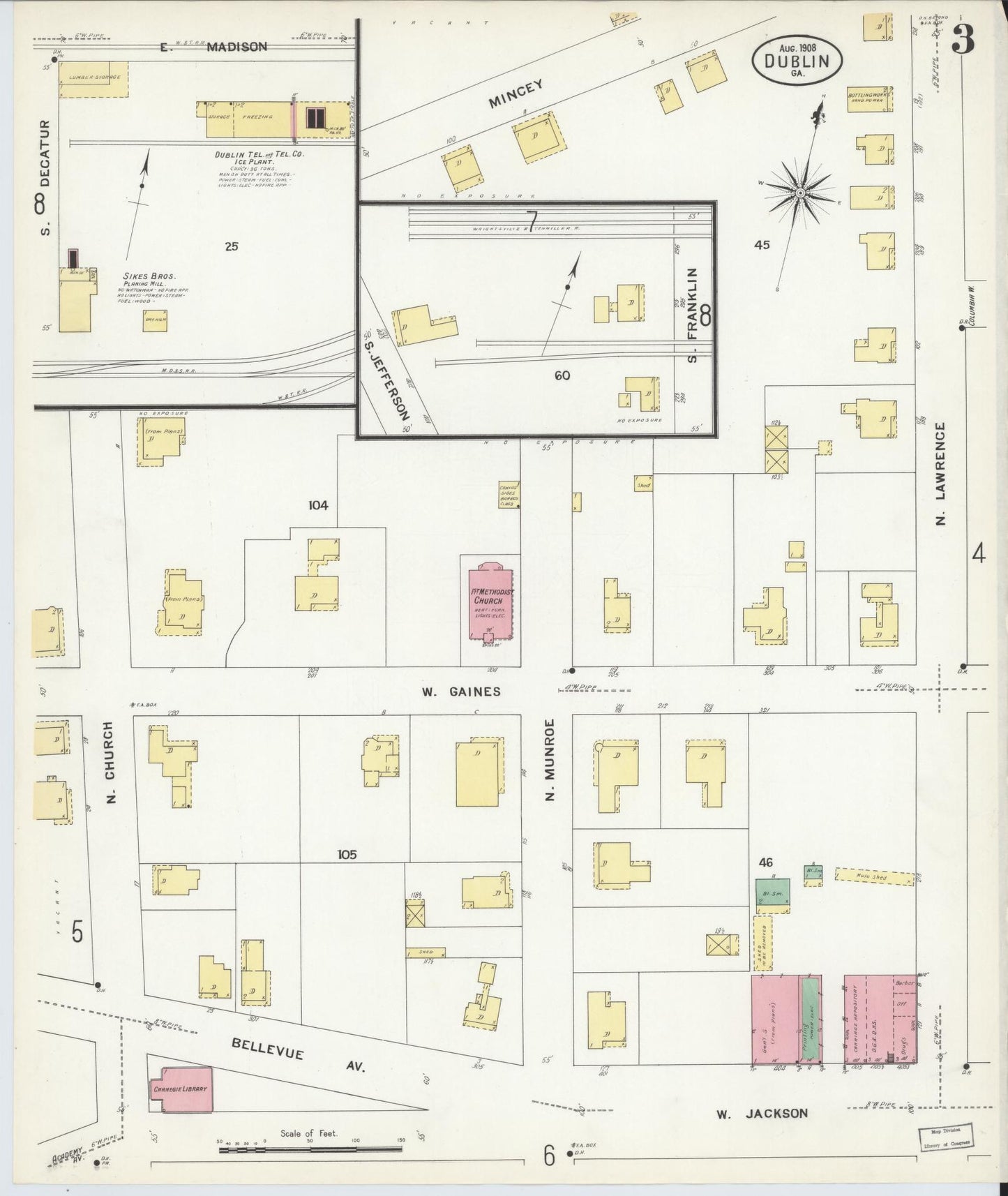 Sanborn Fire Insurance Map from Dublin, Laurens County, Georgia (1908), Sheet #0003 - Historic Sanborn Fire Insurance Map Print, vintage old map wall art, antique decor, genealogy gift, Georgia Georgia map