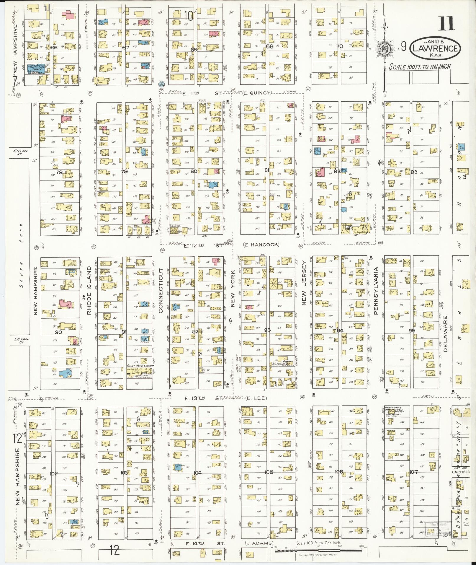 Sanborn Fire Insurance Map from Lawrence, Douglas County, Kansas (1918), Sheet #0011 - Historic Sanborn Fire Insurance Map Print, vintage old map wall art, antique decor, genealogy gift, Kansas Kansas map