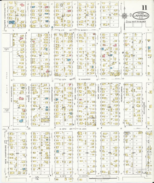 Sanborn Fire Insurance Map from Lawrence, Douglas County, Kansas (1918), Sheet #0011 - Historic Sanborn Fire Insurance Map Print, vintage old map wall art, antique decor, genealogy gift, Kansas Kansas map
