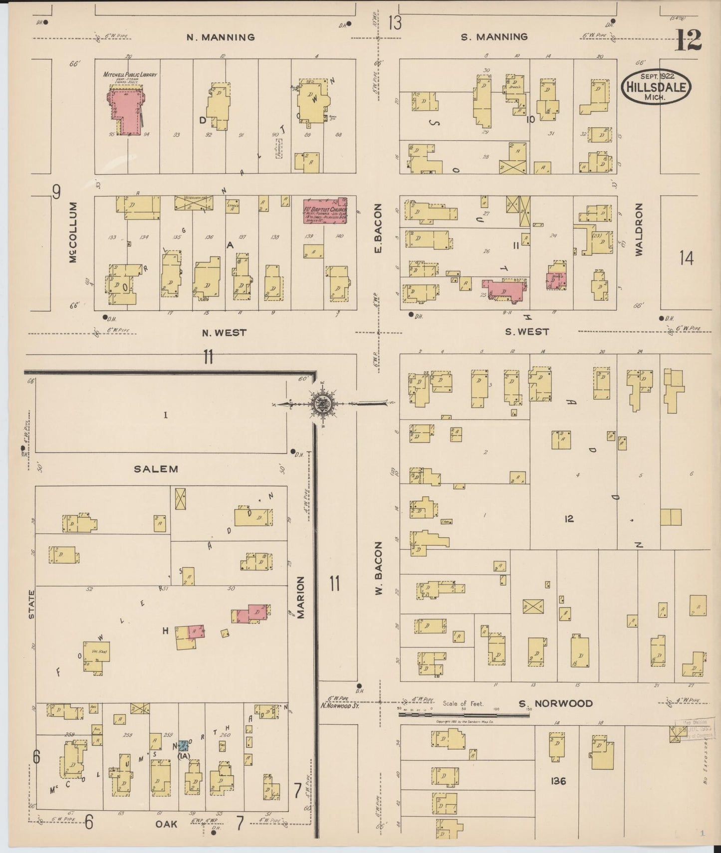 Sanborn Fire Insurance Map from Hillsdale, Hillsdale County, Michigan (1922), Sheet #0012 - Complete Map Set gallery image, historic Sanborn map, vintage wall art, Michigan Michigan