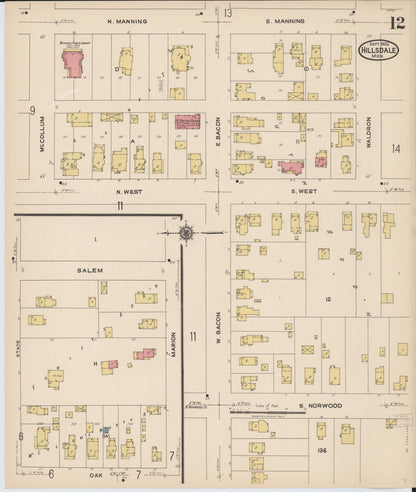 Sanborn Fire Insurance Map from Hillsdale, Hillsdale County, Michigan (1922), Sheet #0012 - Complete Map Set gallery image, historic Sanborn map, vintage wall art, Michigan Michigan