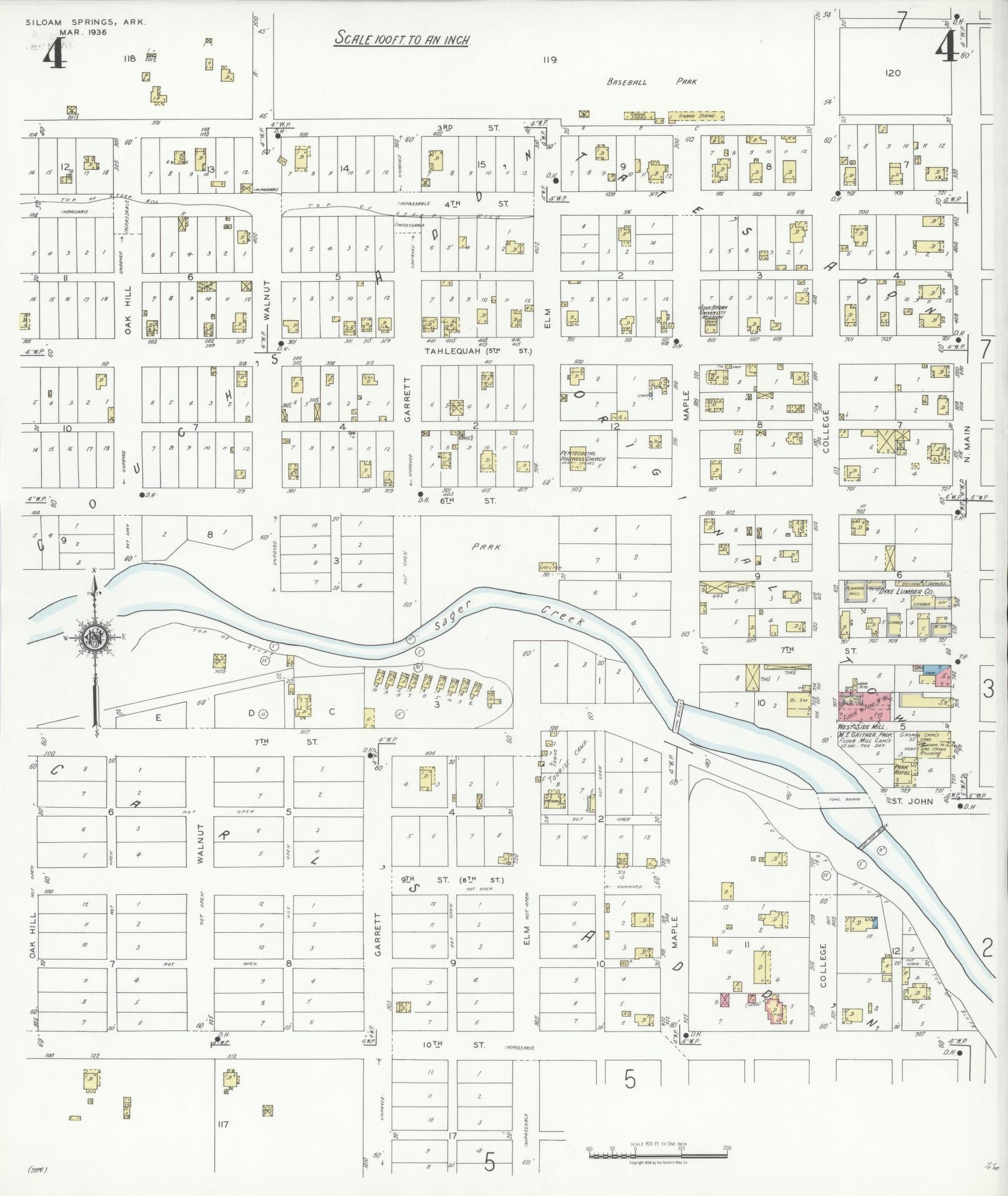 Sanborn Fire Insurance Map from Siloam Springs, Benton County, Arkansas (1936), Sheet #0004 - Complete Map Set gallery image, historic Sanborn map, vintage wall art, Arkansas Arkansas