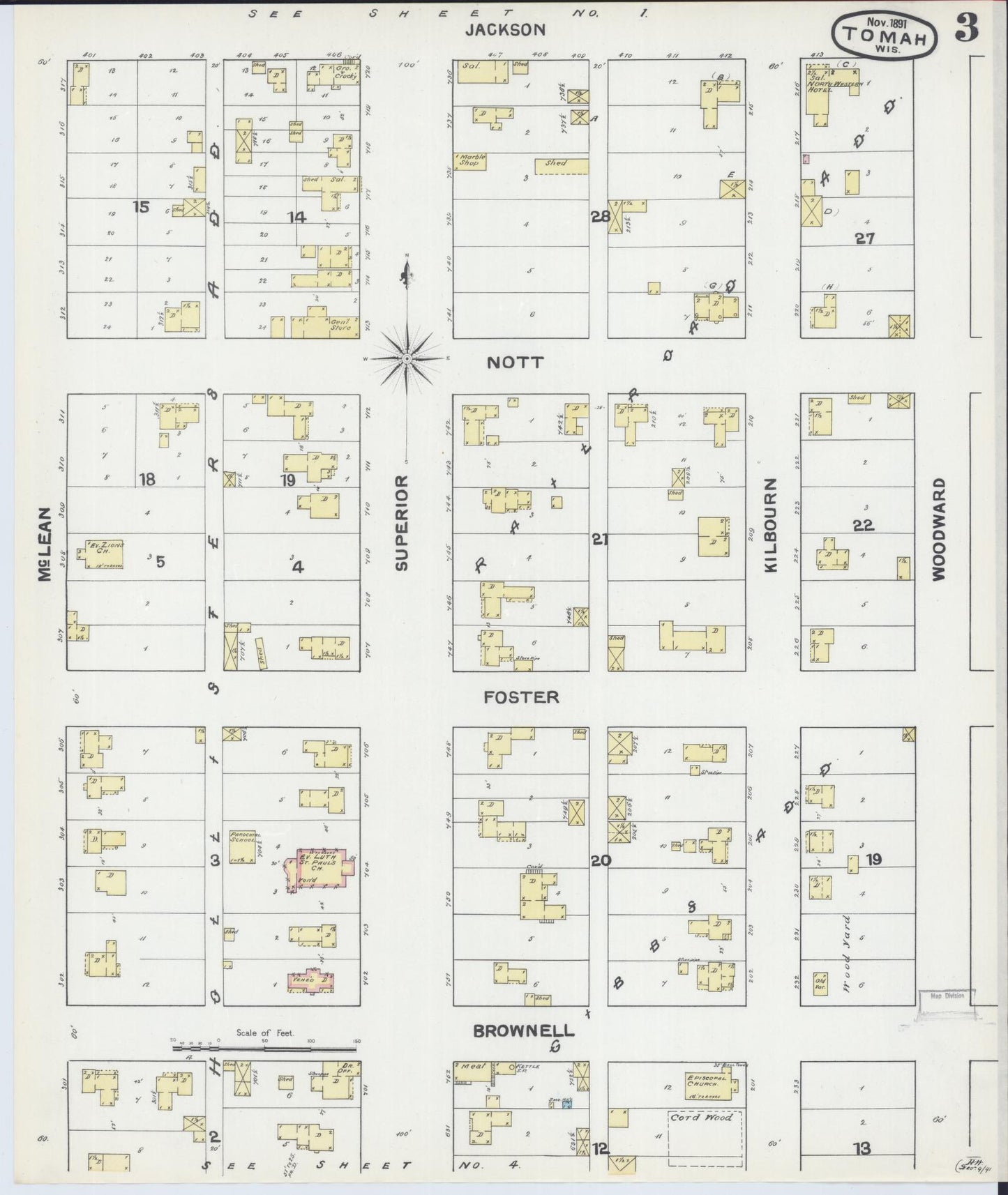 Sanborn Fire Insurance Map from Tomah, Monroe County, Wisconsin (1891), Sheet #0003 - Historic Sanborn Fire Insurance Map Print, vintage old map wall art, antique decor, genealogy gift, Wisconsin Wisconsin map