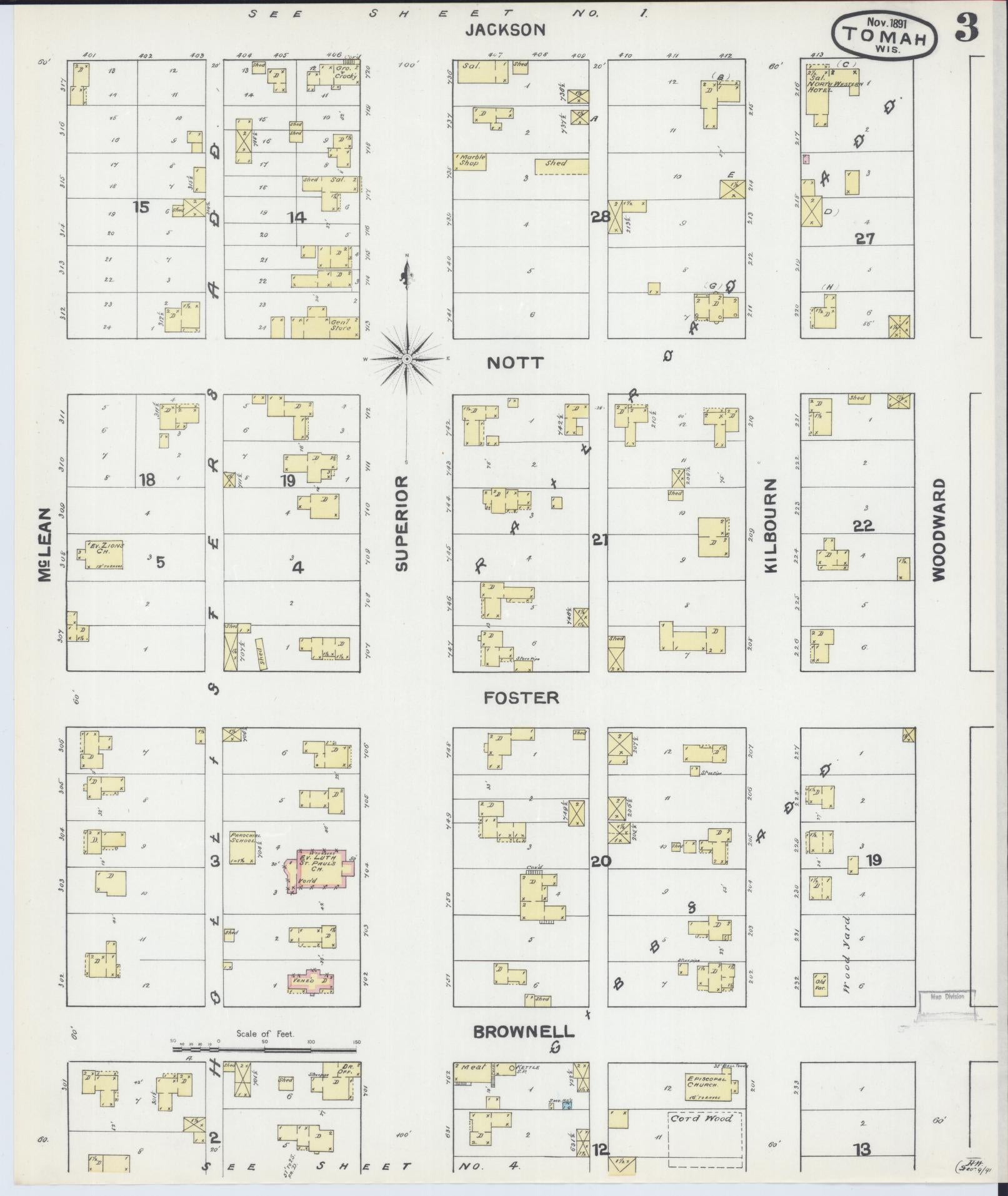 Sanborn Fire Insurance Map from Tomah, Monroe County, Wisconsin (1891), Sheet #0003 - Historic Sanborn Fire Insurance Map Print, vintage old map wall art, antique decor, genealogy gift, Wisconsin Wisconsin map