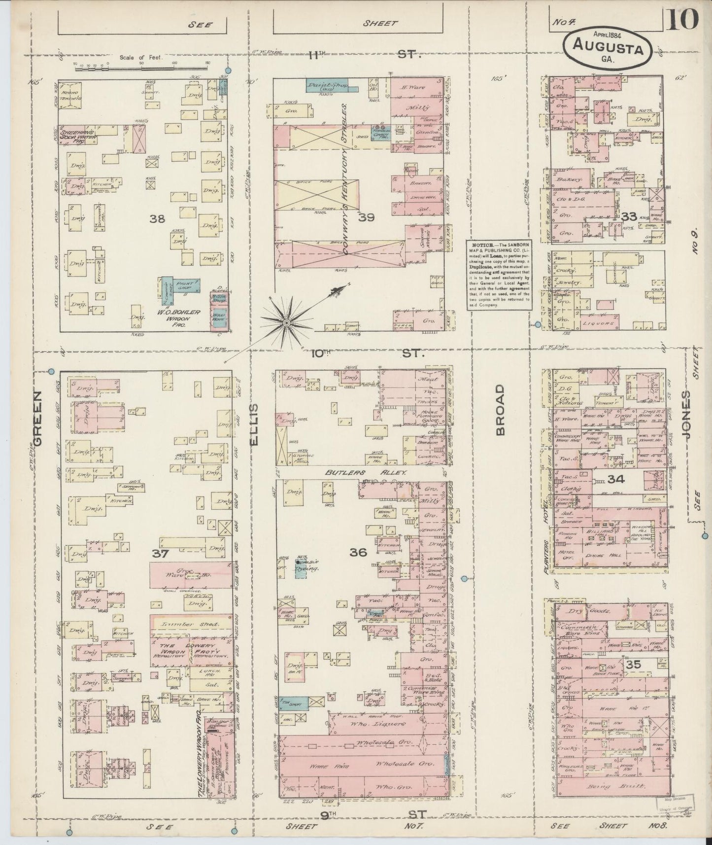 Sanborn Fire Insurance Map from Augusta, Richmond County, Georgia (1884), Sheet #0010 - Historic Sanborn Fire Insurance Map Print, vintage old map wall art, antique decor, genealogy gift, Georgia Georgia map