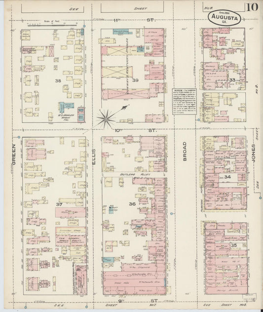 Sanborn Fire Insurance Map from Augusta, Richmond County, Georgia (1884), Sheet #0010 - Historic Sanborn Fire Insurance Map Print, vintage old map wall art, antique decor, genealogy gift, Georgia Georgia map