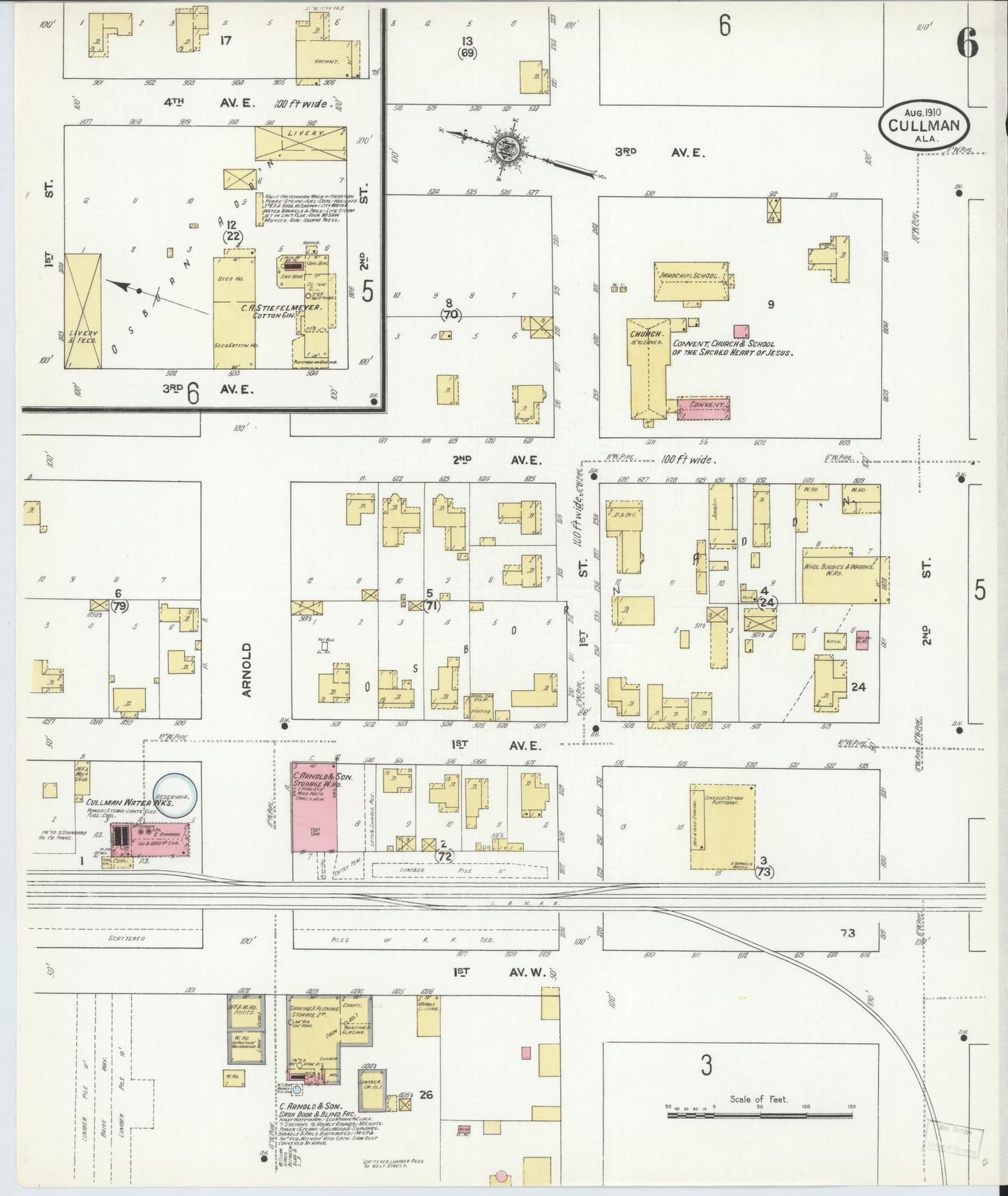 Sanborn Fire Insurance Map from Cullman, Cullman County, Alabama (1910), Sheet #0006 - Historic Sanborn Fire Insurance Map Print, vintage old map wall art, antique decor, genealogy gift, Alabama Alabama map