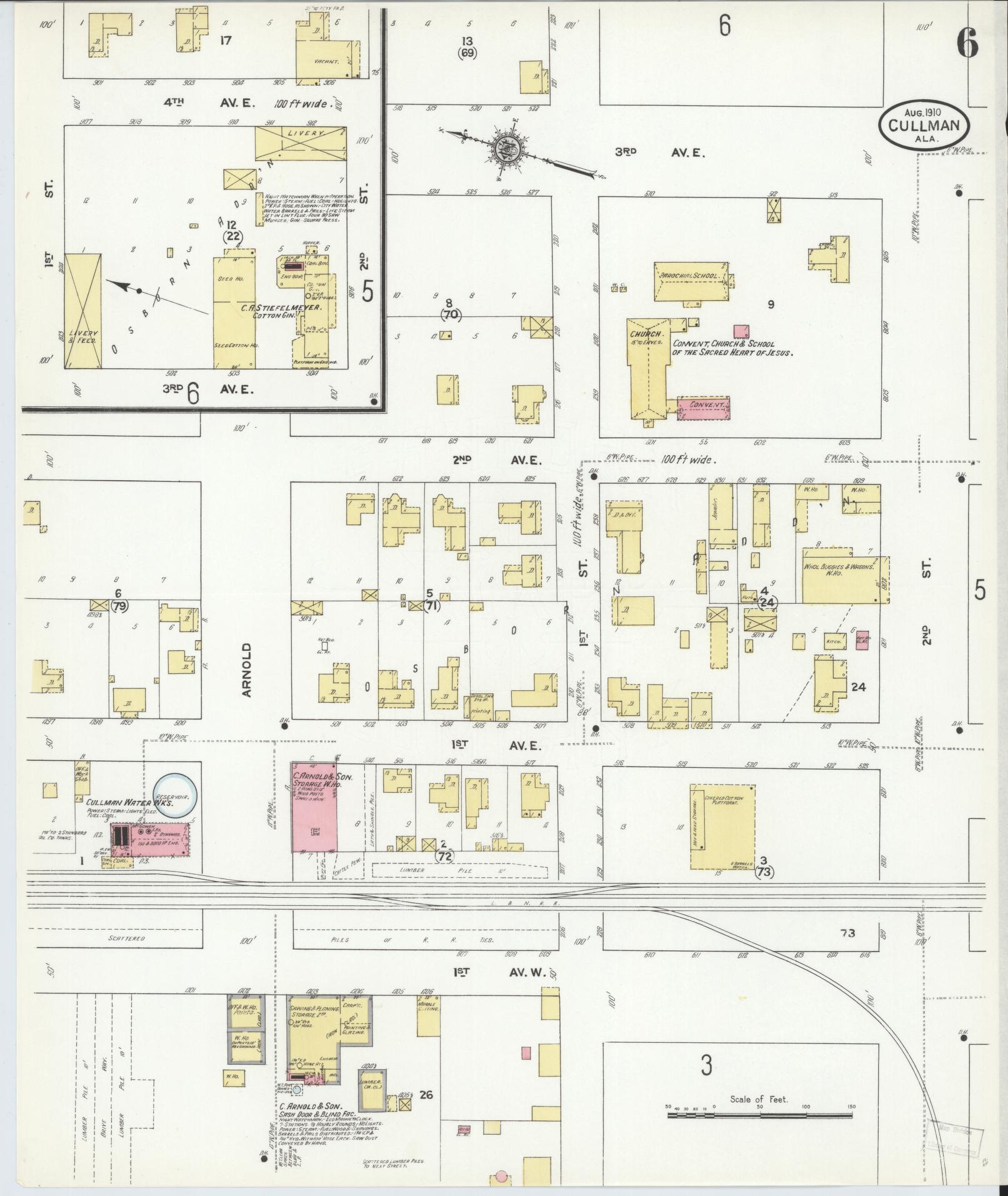 Sanborn Fire Insurance Map from Cullman, Cullman County, Alabama (1910), Sheet #0006 - Historic Sanborn Fire Insurance Map Print, vintage old map wall art, antique decor, genealogy gift, Alabama Alabama map