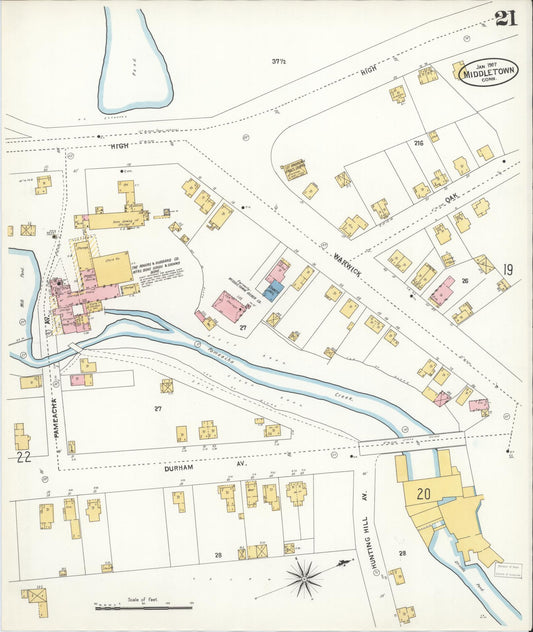 Sanborn Fire Insurance Map from Middletown, Middlesex County, Connecticut (1907), Sheet #0021 - Historic Sanborn Fire Insurance Map Print, vintage old map wall art, antique decor, genealogy gift, Connecticut Connecticut map