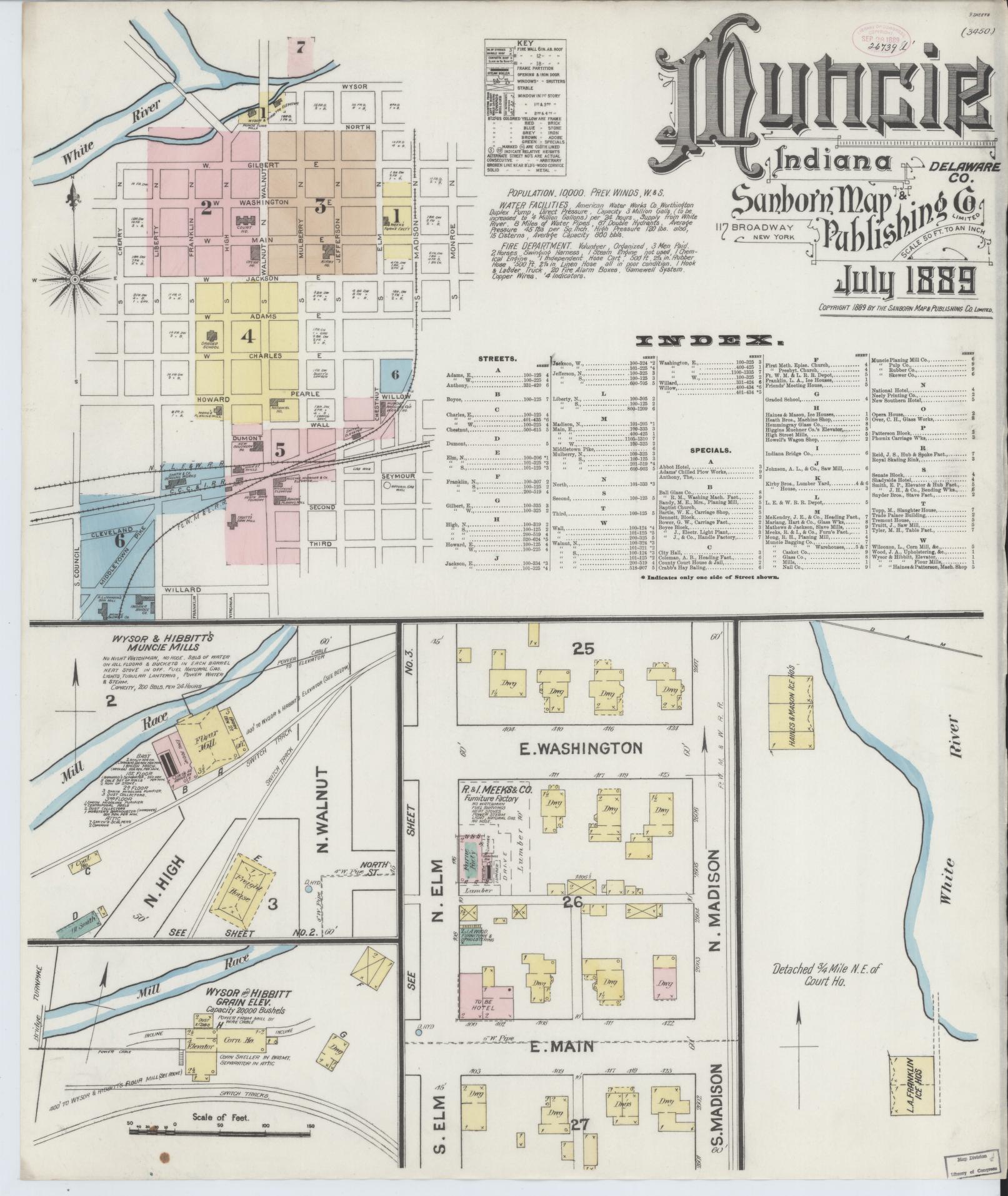 Sanborn Fire Insurance Map from Muncie, Delaware County, Indiana (1889), Sheet #0001 - Complete Map Set gallery image, historic Sanborn map, vintage wall art, Indiana Indiana