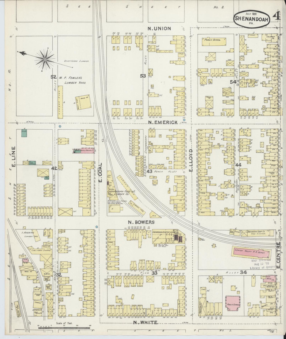 Sanborn Fire Insurance Map from Shenandoah, Schuylkill County, Pennsylvania (1891), Sheet #0004 - Historic Sanborn Fire Insurance Map Print, vintage old map wall art, antique decor, genealogy gift, Pennsylvania Pennsylvania map