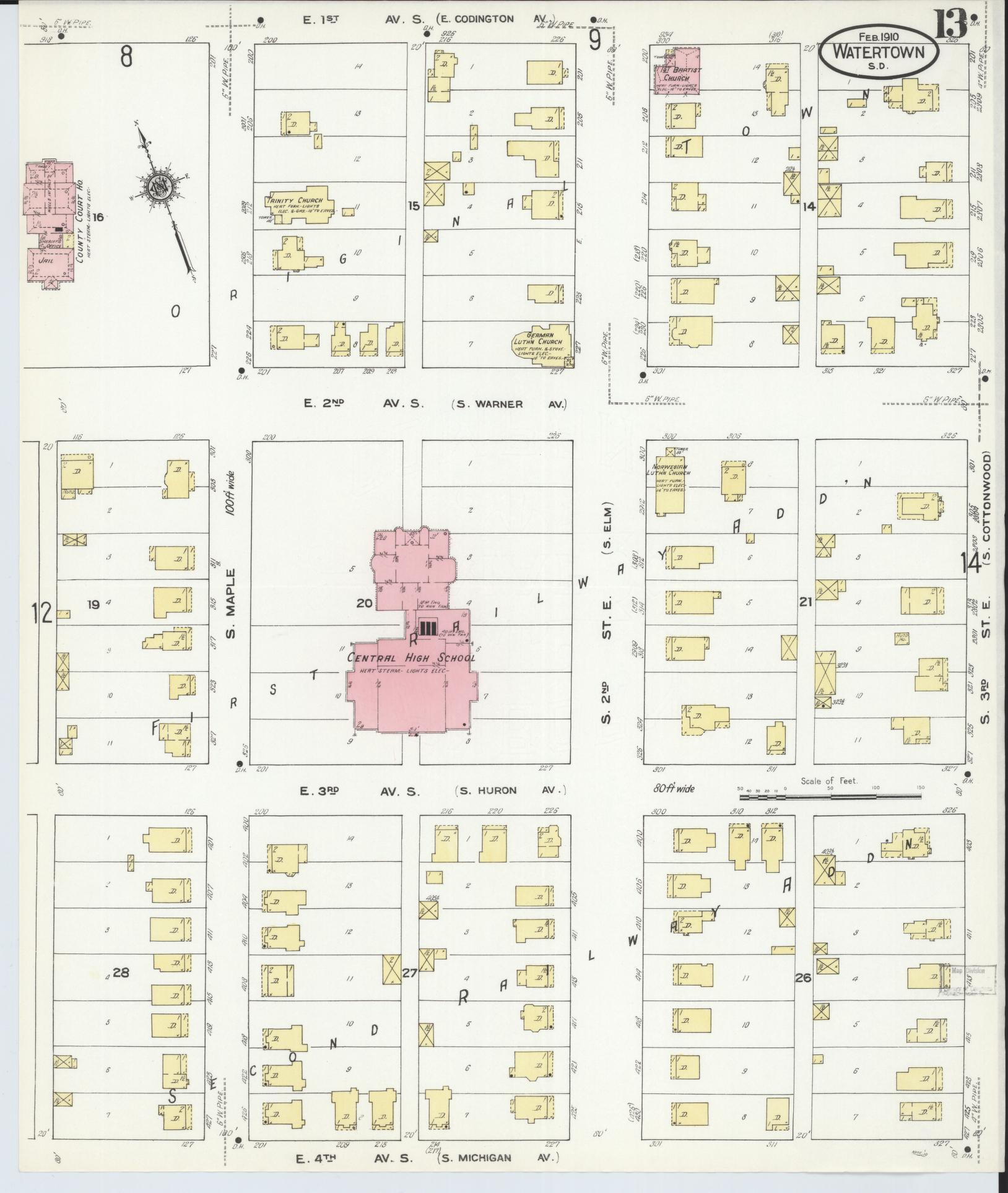 Sanborn Fire Insurance Map from Watertown, Codington County, South Dakota (1910), Sheet #0013 - Historic Sanborn Fire Insurance Map Print, vintage old map wall art, antique decor, genealogy gift, South Dakota South Dakota map