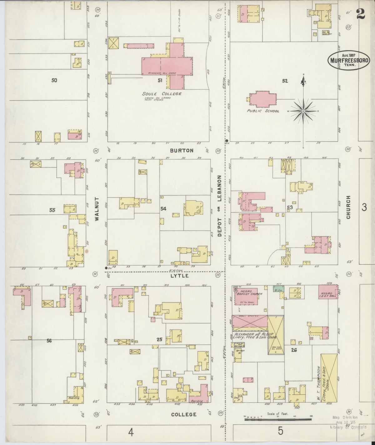Sanborn Fire Insurance Map from Murfreesboro, Rutherford County, Tennessee (1897), Sheet #0002 - Complete Map Set gallery image, historic Sanborn map, vintage wall art, Tennessee Tennessee