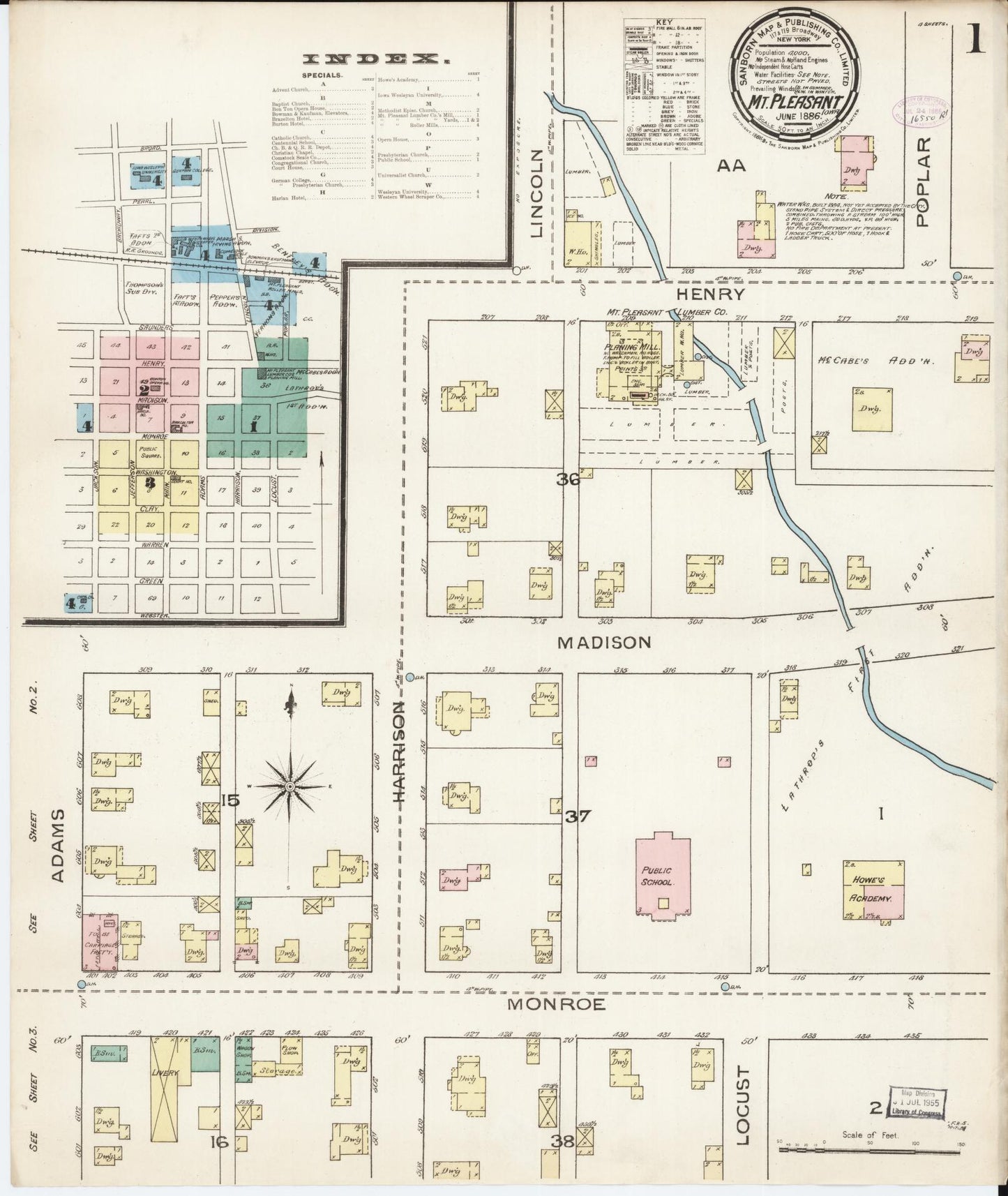 Sanborn Fire Insurance Map from Mount Pleasant, Henry County, Iowa (1886), Sheet #0001 - Historic Sanborn Fire Insurance Map Print