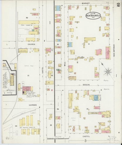 Sanborn Fire Insurance Map from New Braunfels, Comal County, Texas (1896), Sheet #0002 - Complete Map Set gallery image, historic Sanborn map, vintage wall art, Texas Texas