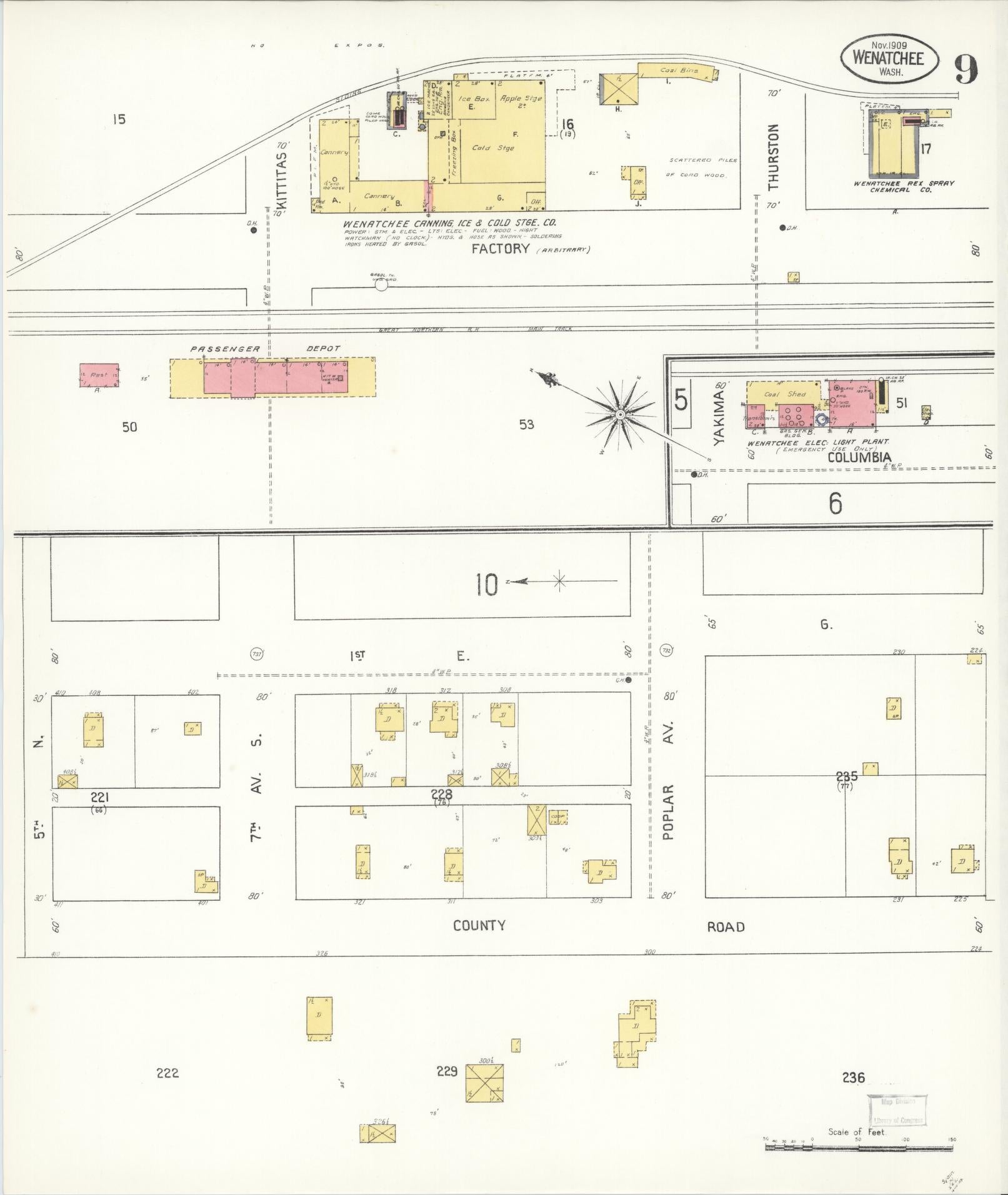 Sanborn Fire Insurance Map from Wenatchee, Chelan County, Washington (1909), Sheet #0009 - Complete Map Set gallery image, historic Sanborn map, vintage wall art, Washington Washington