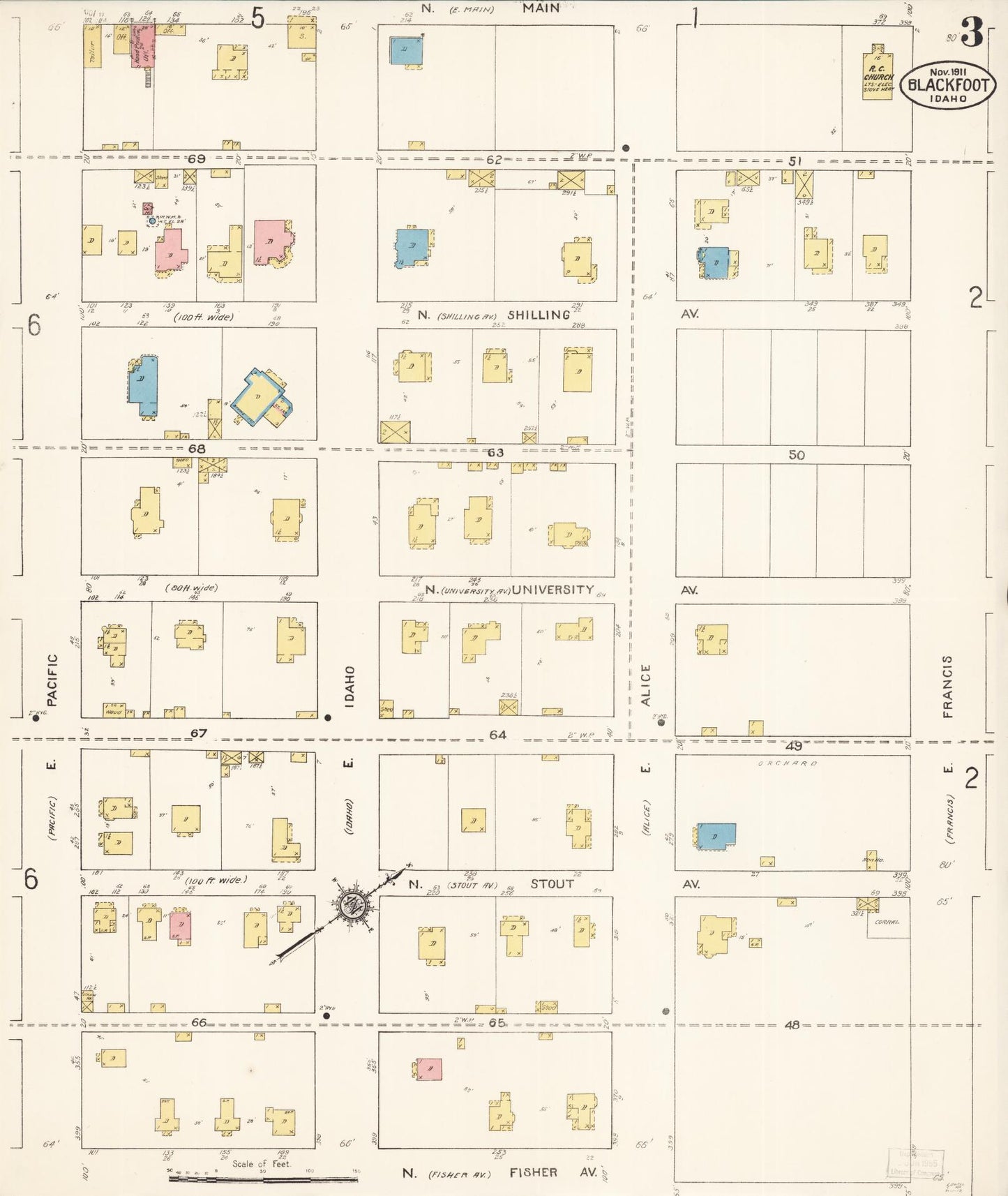 Sanborn Fire Insurance Map from Blackfoot, Bingham County, Idaho (1911), Sheet #0003 - Complete Map Set gallery image, historic Sanborn map, vintage wall art, Idaho Idaho